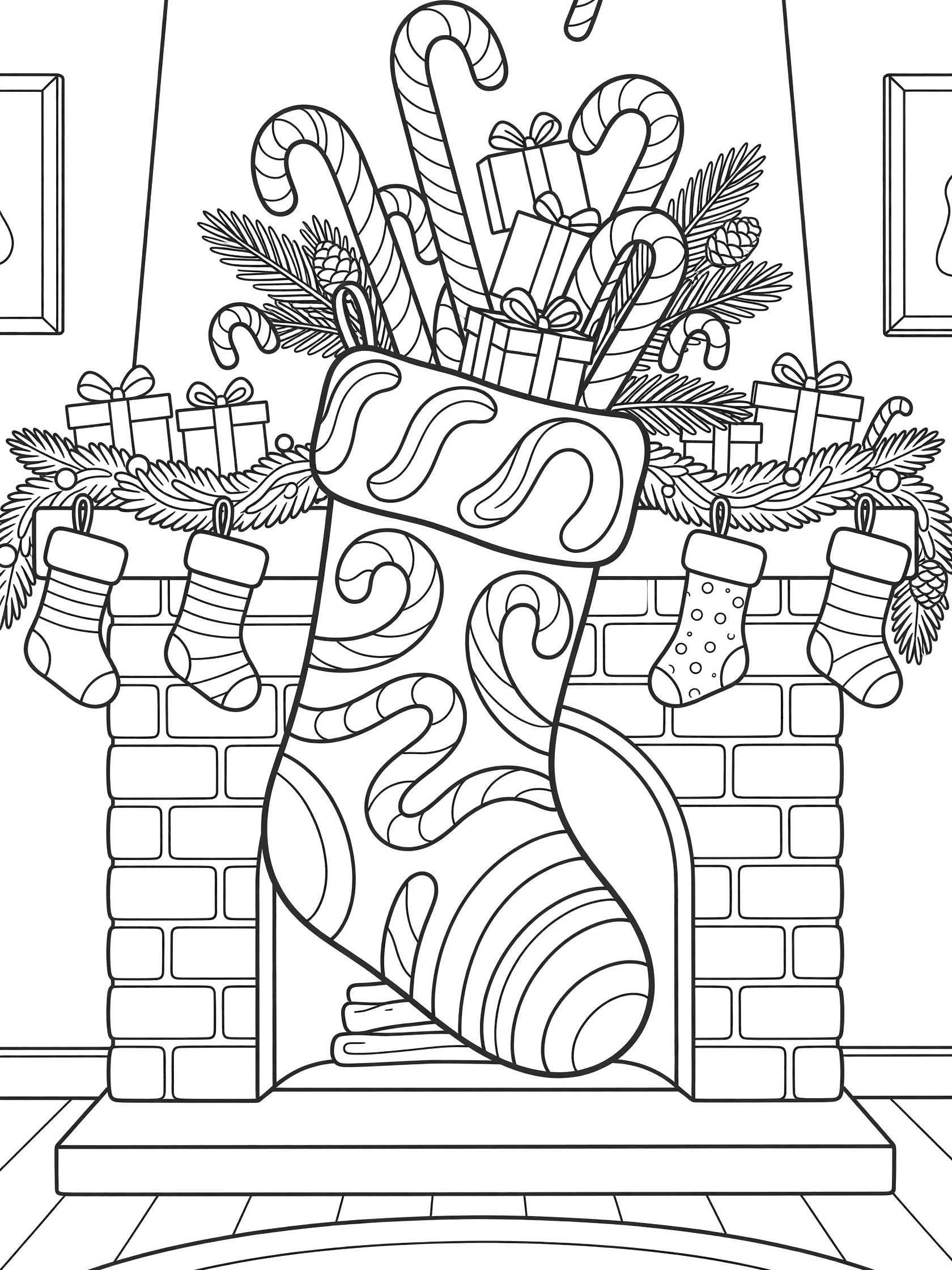 Black and white line art of a large Christmas stocking with swirling candy cane patterns, overflowing with candy canes, wrapped gifts, and pine branches above a brick fireplace mantel.