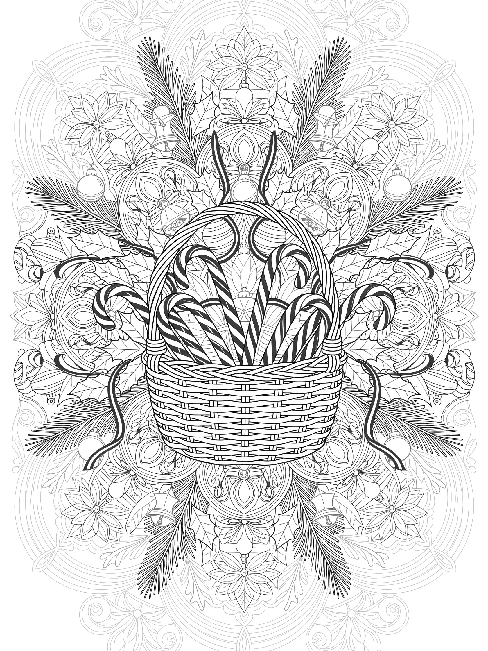 Black and white line art coloring page of a woven gift basket full of candy canes, with red ribbons, holly leaves, pine branches, bells, and mandala patterns.