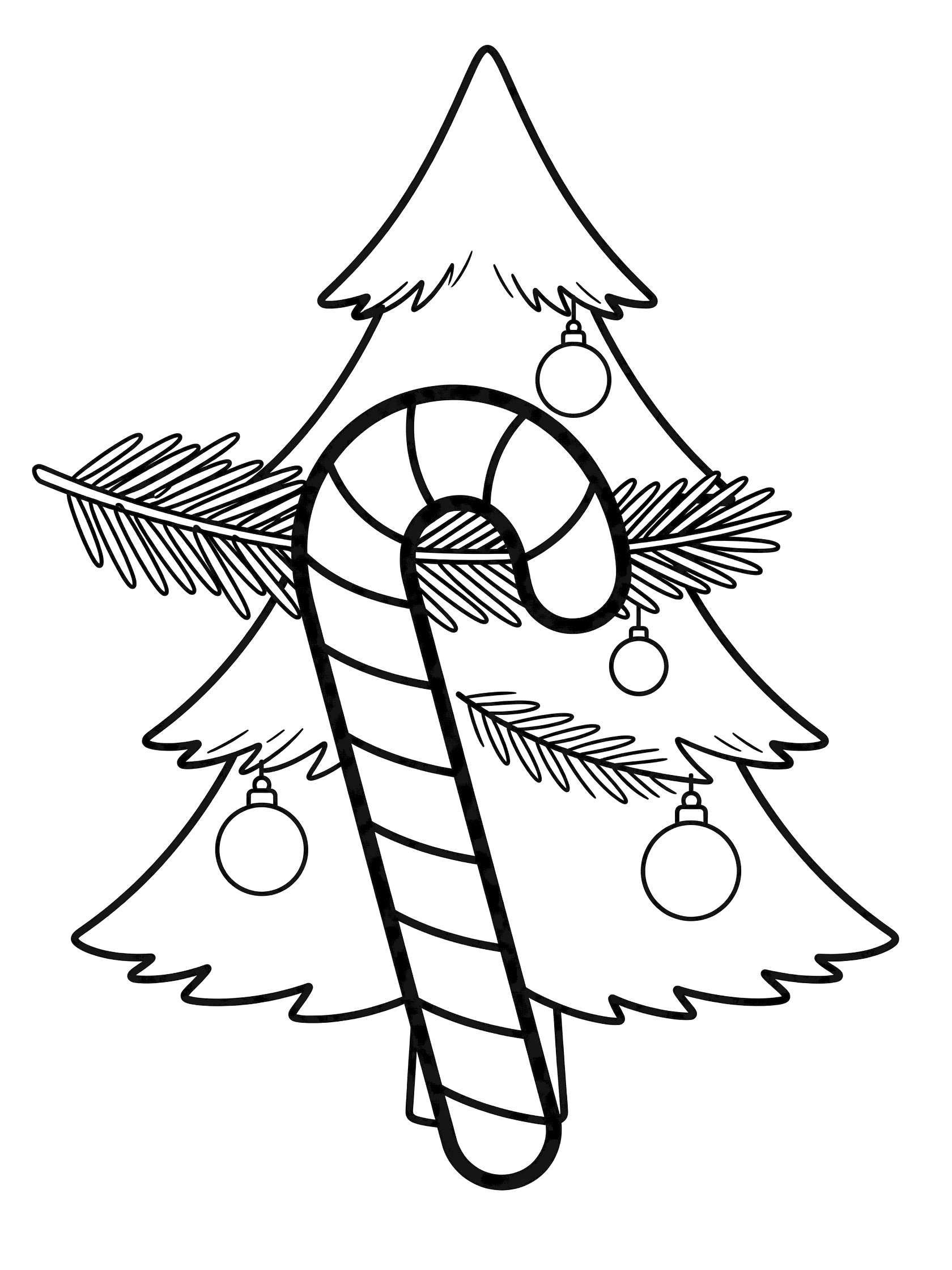 Black and white coloring page of a candy cane with curved hook and stripes hanging on a simple triangular Christmas tree with pine branches and round ornaments.