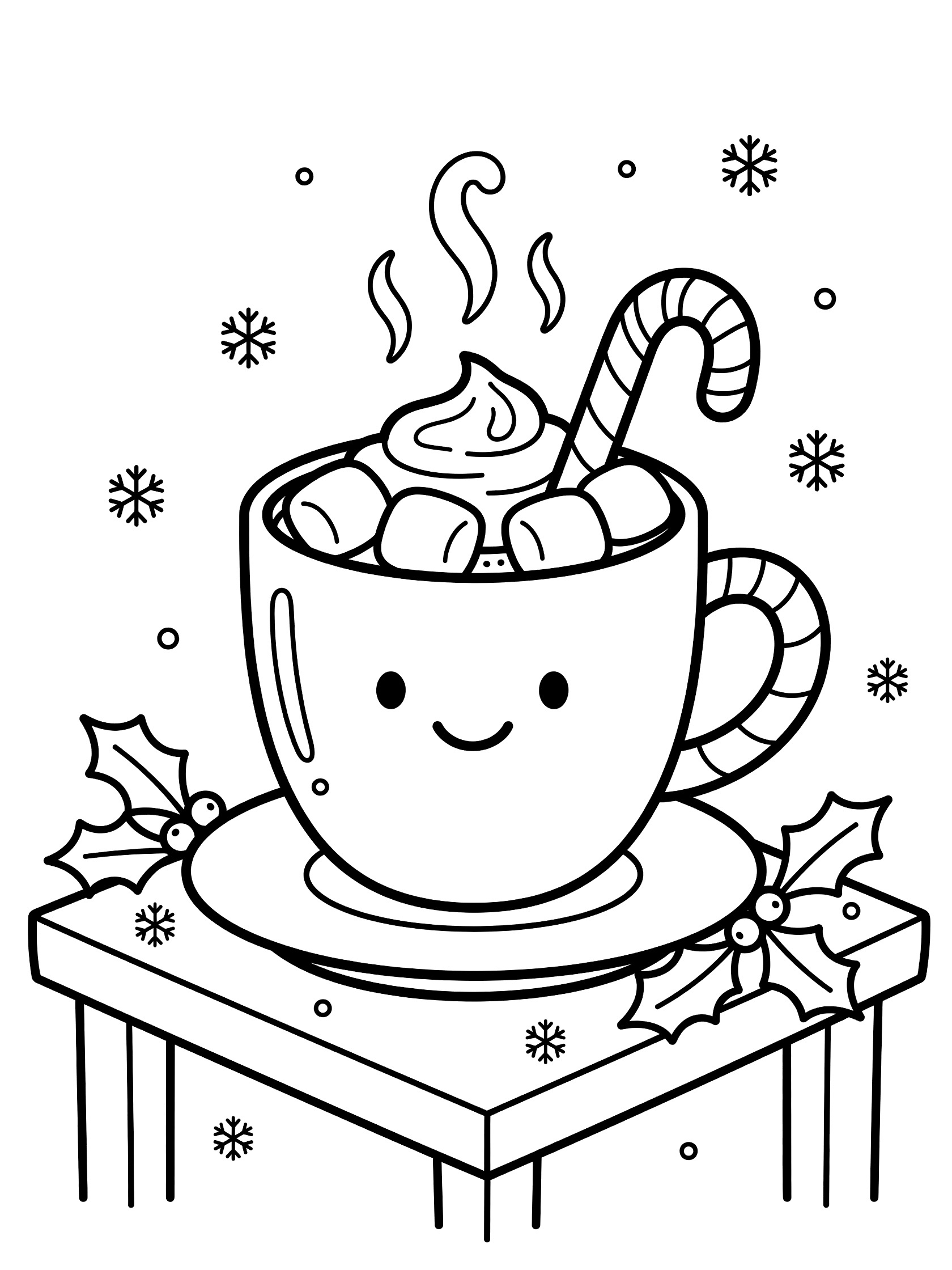 Black and white line art of a smiling hot cocoa mug with curved candy cane handle, red-and-white striped candy cane in steaming cocoa topped with marshmallows and whipped cream, on a saucer with holly leaves and snowflakes.