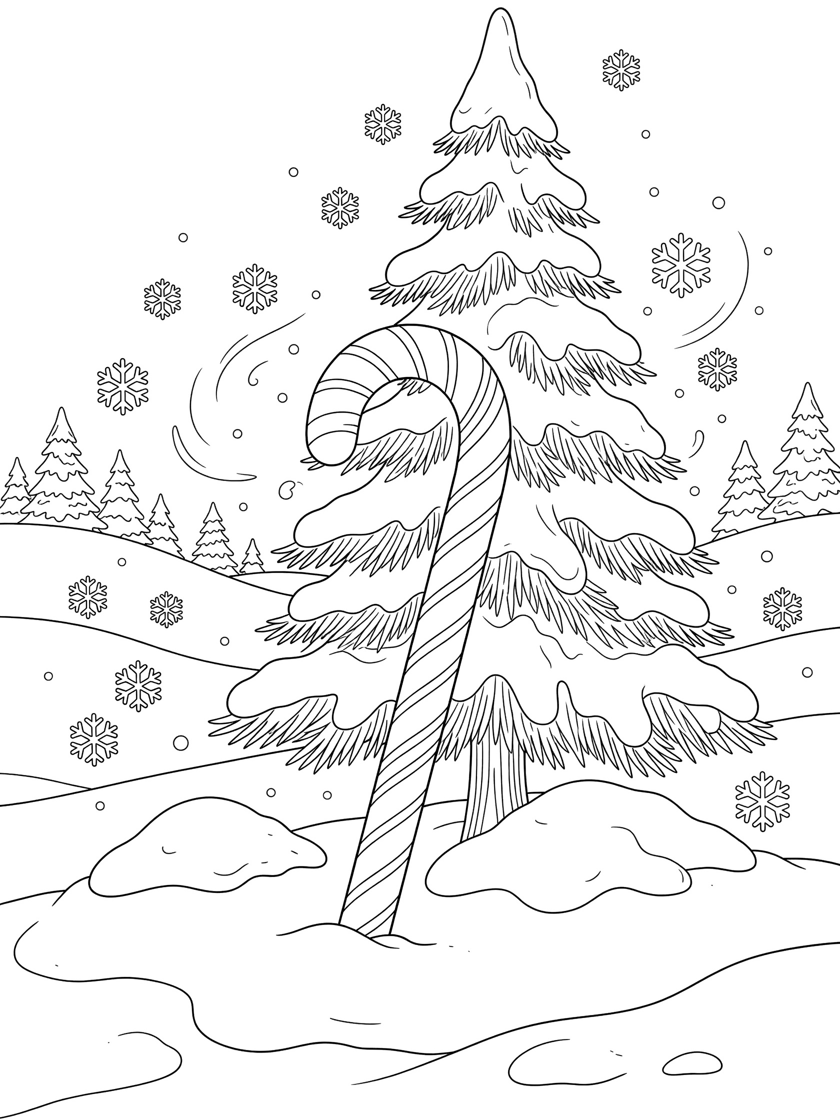 Line art coloring page showing a tall candy cane propped against a snow-draped pine tree in a snowy Christmas landscape with snow piles, flakes, and background trees.