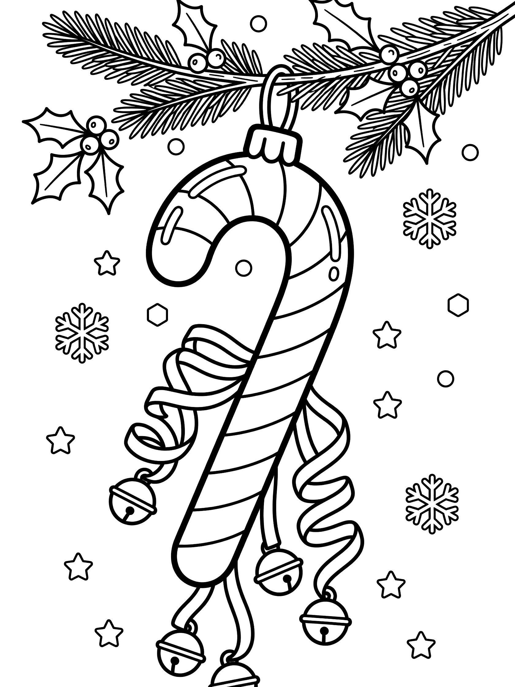 Printable coloring page showing a cheerful candy cane shaped ornament with stripes and hook top hanging from a pine branch, with curly ribbons, bells, holly leaves, berries and floating snowflakes.