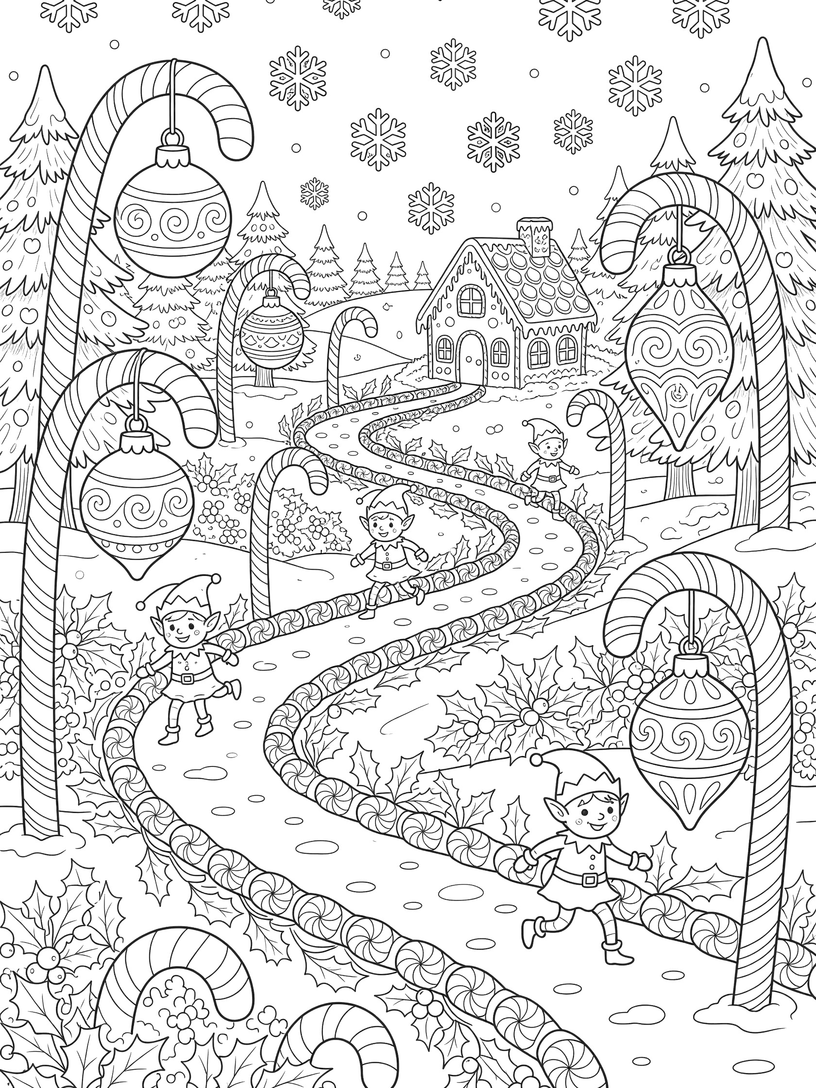 Black and white coloring page of a curving pathway built from giant striped candy canes in a snowy enchanted forest, with skipping elves, hanging ornaments, trees, bushes, and a distant gingerbread house.