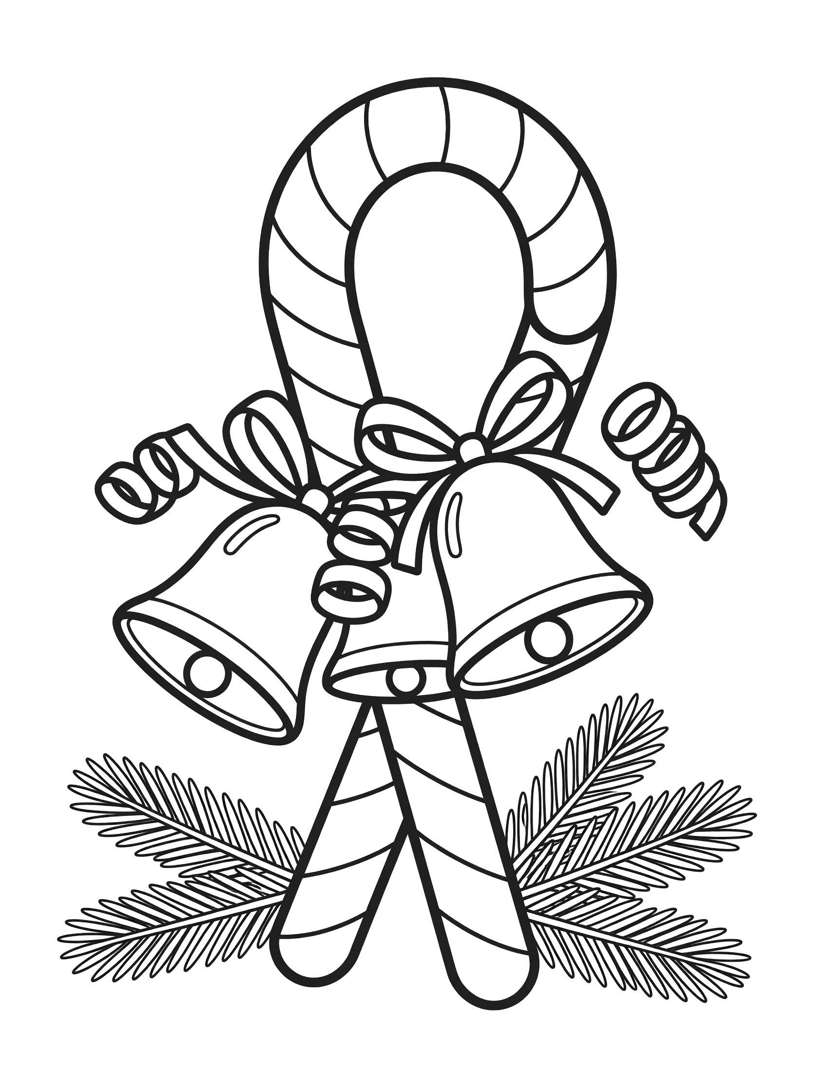 Printable coloring page showing a striped candy cane hooked with two jingle bells and pine sprigs at the base
