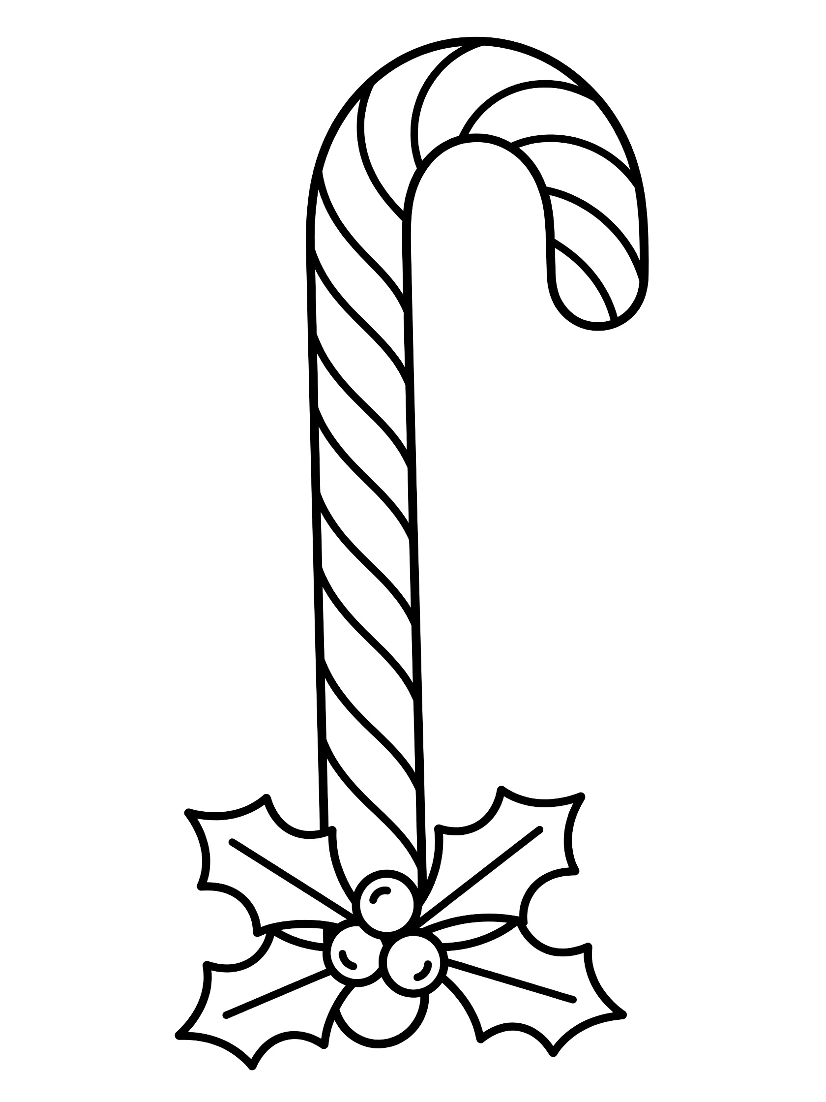 Black and white line art coloring page showing a straight candy cane with curved hook, swirling stripes, and holly leaves with berries clustered at the base.