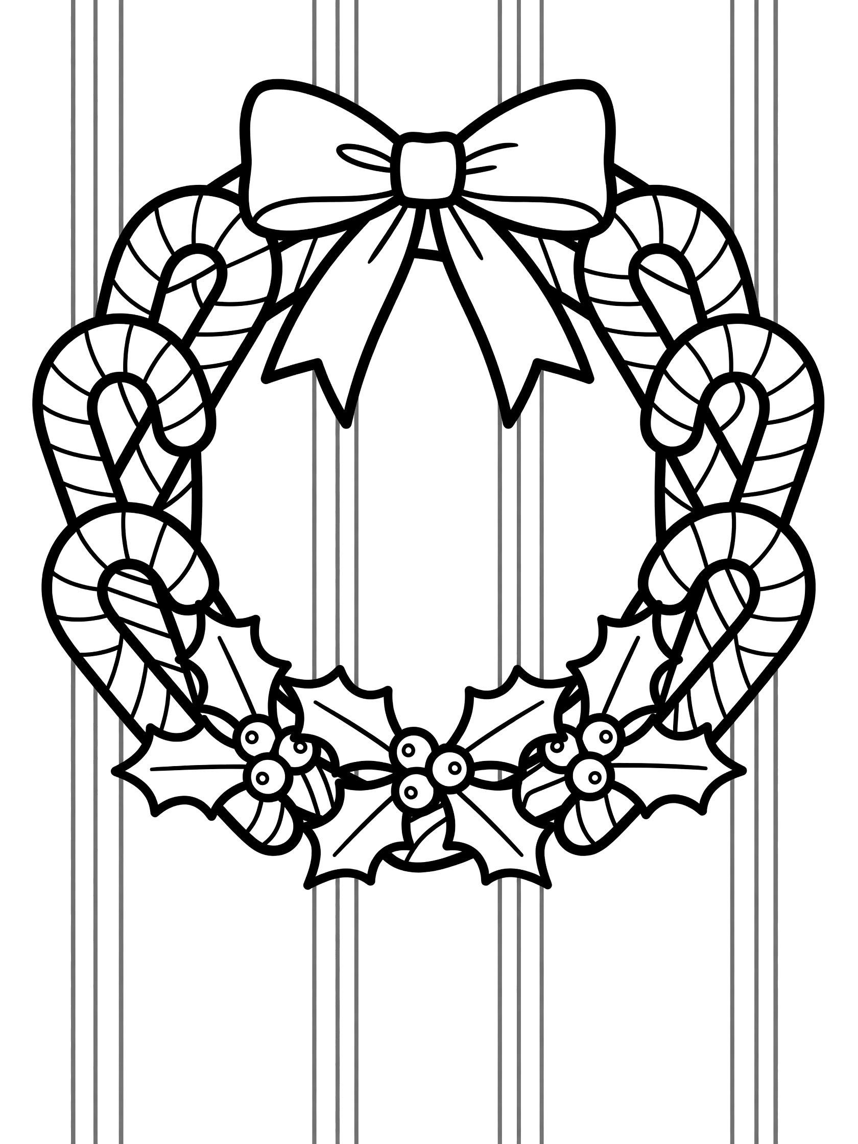 Black and white line art of a circular candy cane wreath hanging on a door, topped with a big bow and holly leaves and berries at the bottom.