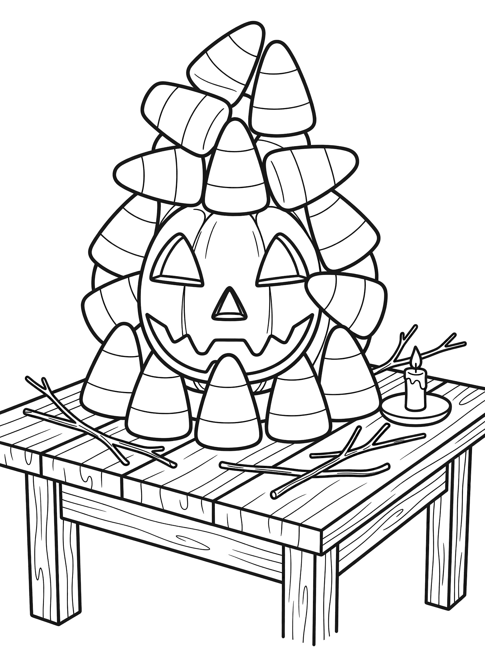 Black and white line art of stacked candy corn forming a jack-o'-lantern with triangle eyes and zigzag mouth, twigs, candle on wooden table.