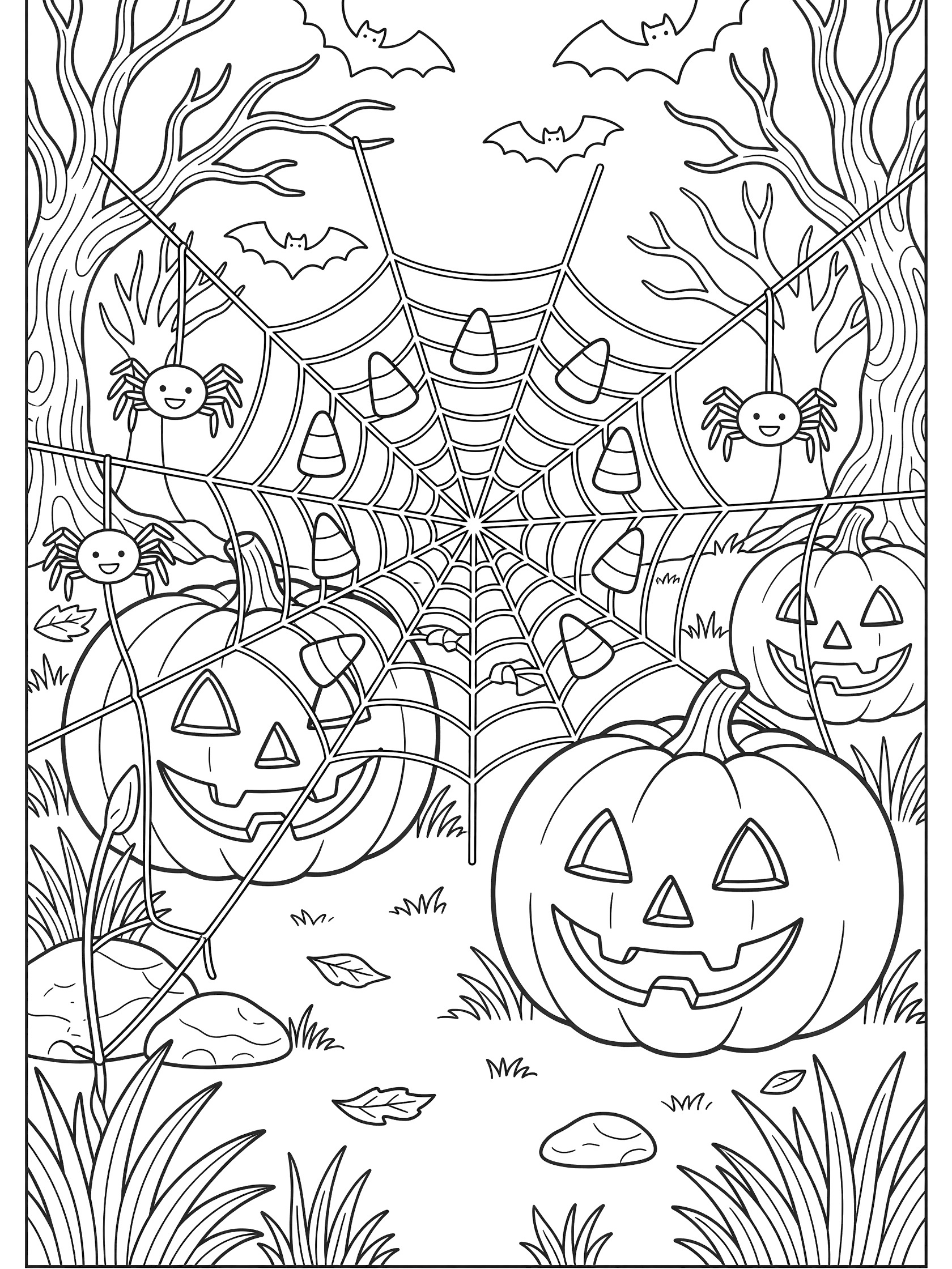 Candy corn pieces caught in a spider web stretched between jack-o-lantern pumpkins, with dangling spiders and bats in a Halloween garden coloring page