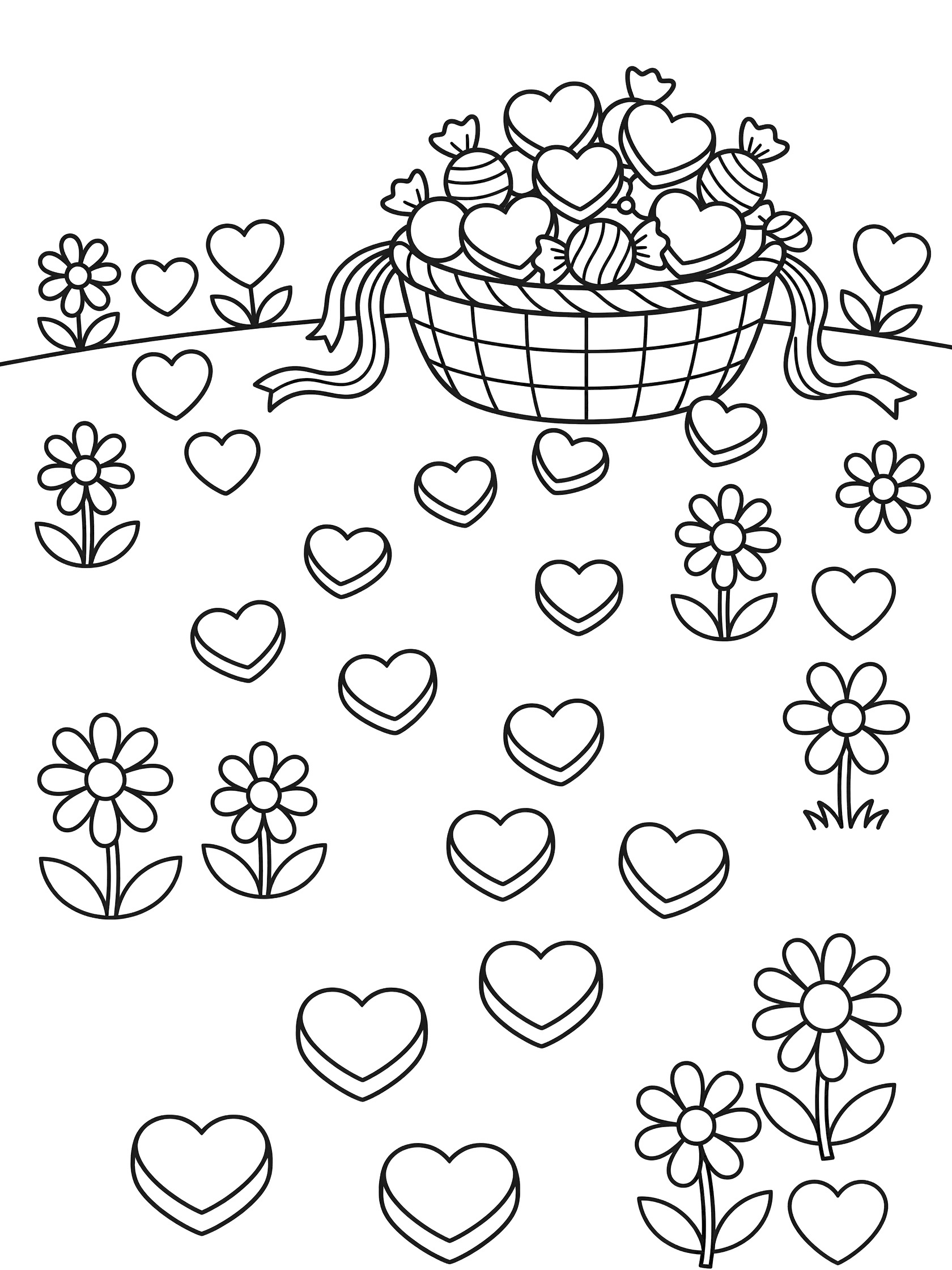 Black and white line art of scattered candy hearts forming a path through flowers and hearts to an overflowing basket of candies with ribbons for Valentine's Day coloring.
