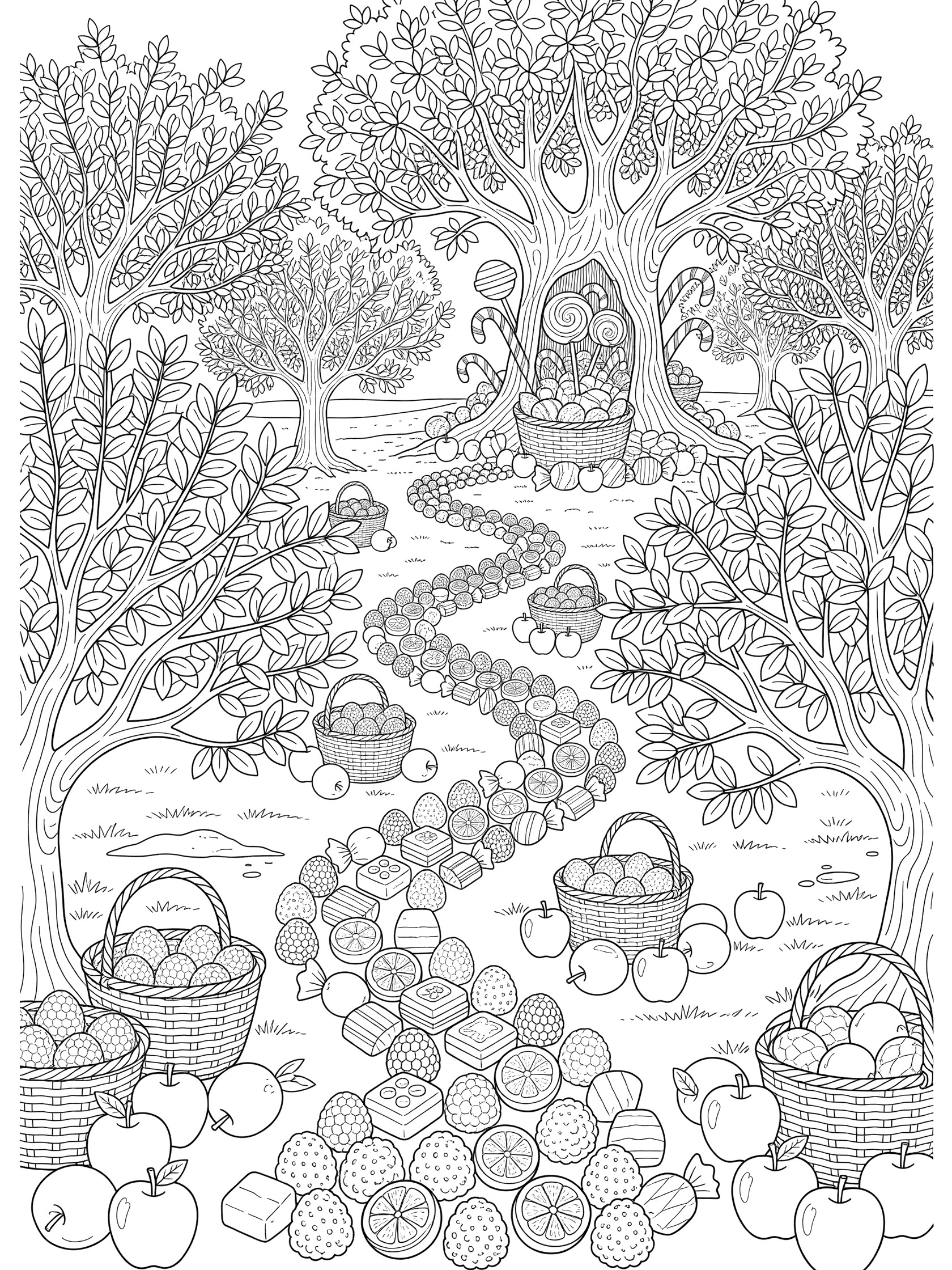 Black-and-white coloring page of a winding candy trail made of round and square candies leading through an apple orchard to a hollow tree, with baskets and fallen apples.
