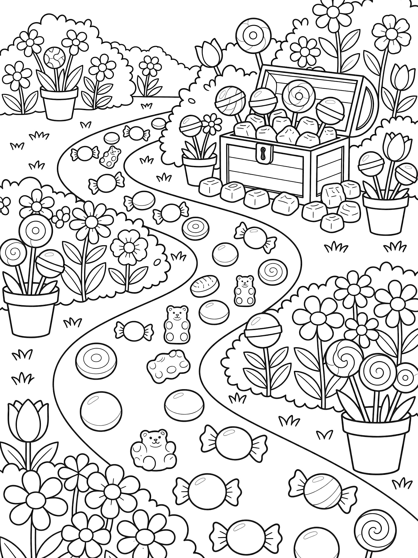 Printable coloring page showing a sunny garden with a winding path of candies like lollipops, gummies, and round sweets leading to an open treasure chest among flowers and bushes