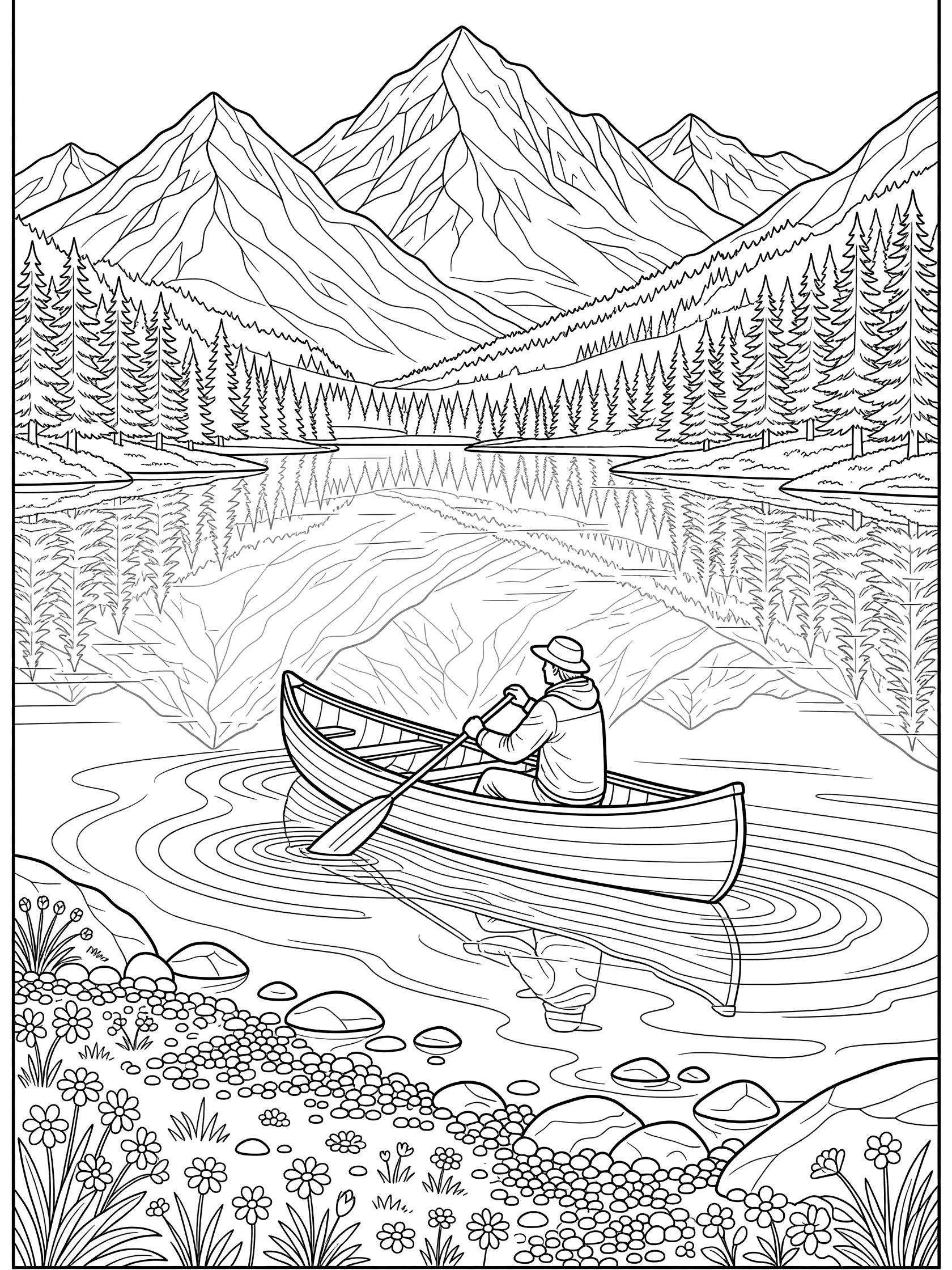 Black and white line art coloring page of a canoe with paddler on a mountain lake, surrounded by rocky shores, flowers, forests, and reflected jagged mountains.