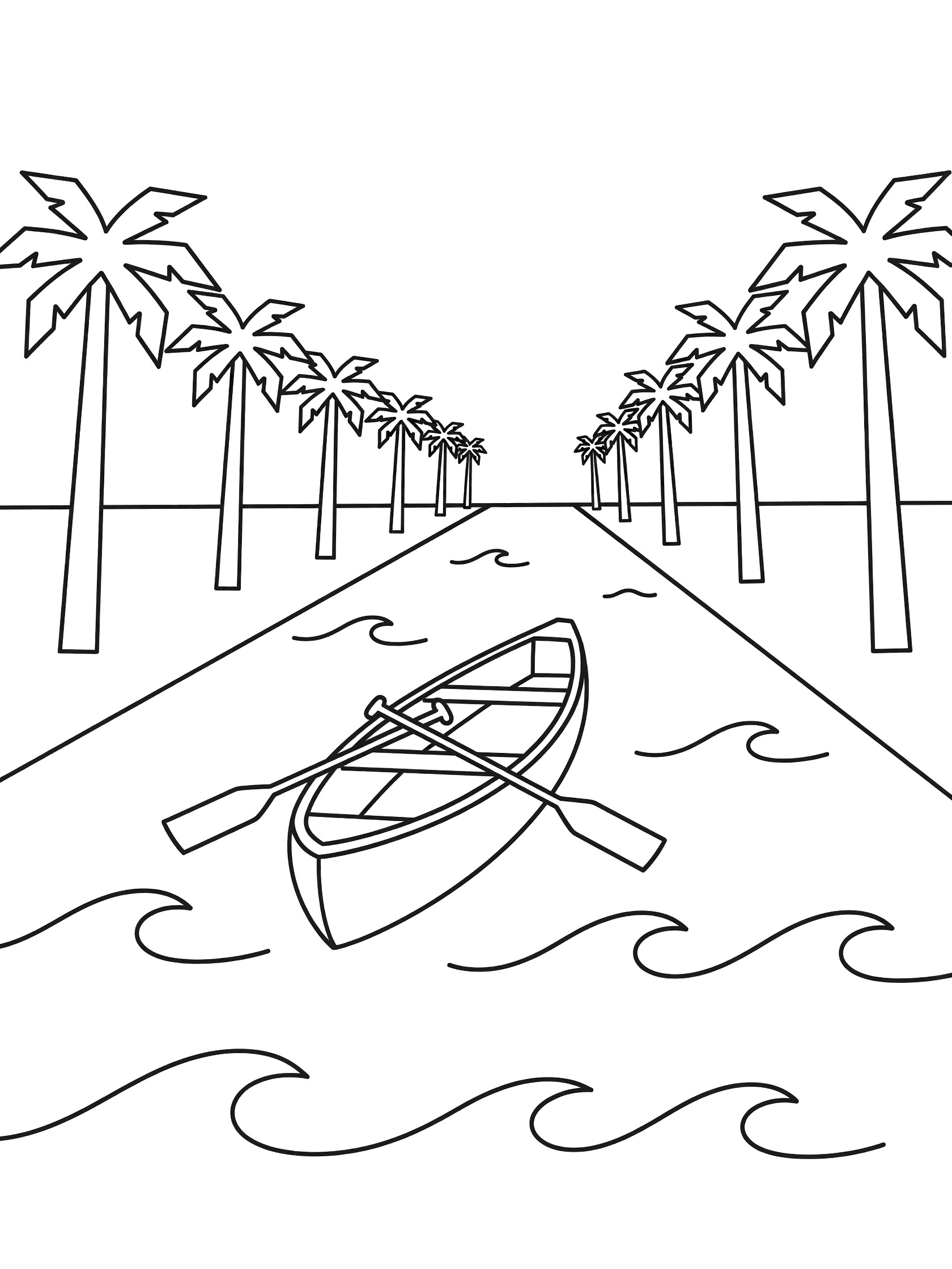 Black and white printable coloring page showing a canoe with paddles on a wavy river between rows of geometric palm trees on both sides. Congo River themed black and white printable line art