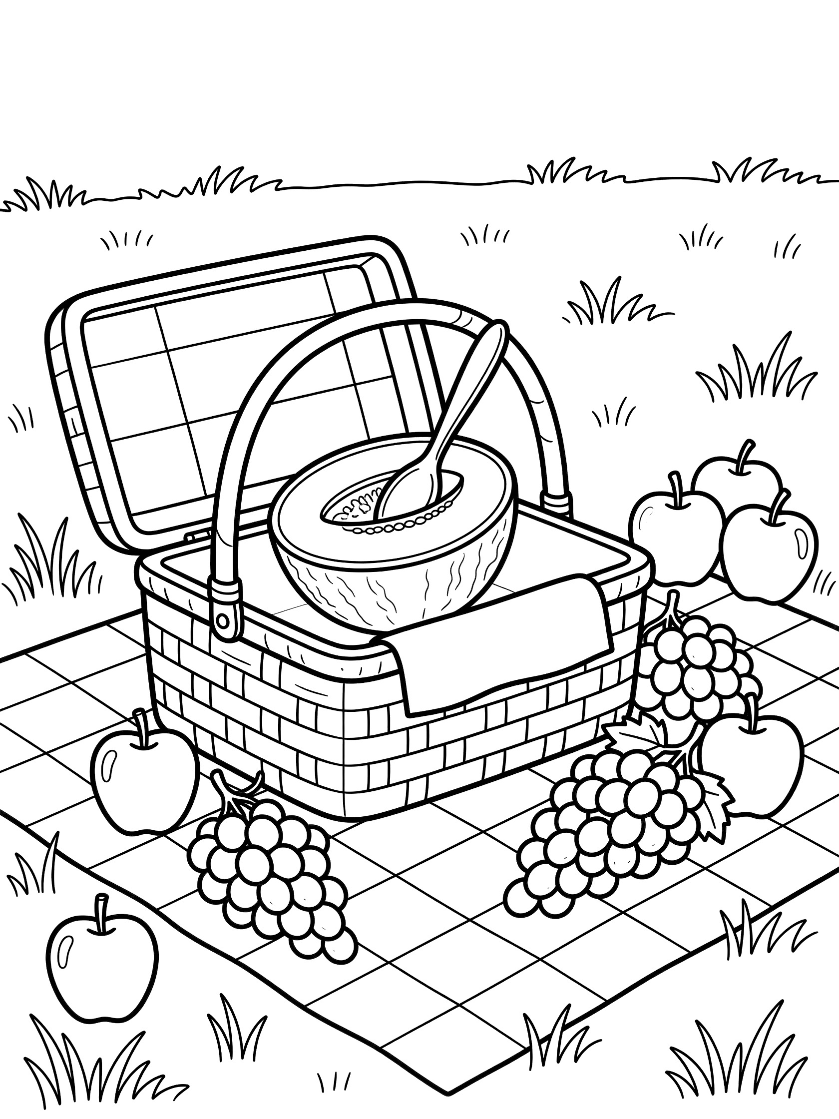 Black and white line art of a halved cantaloupe in a picnic basket with spoon, apples, grapes on checkered blanket in grassy meadow