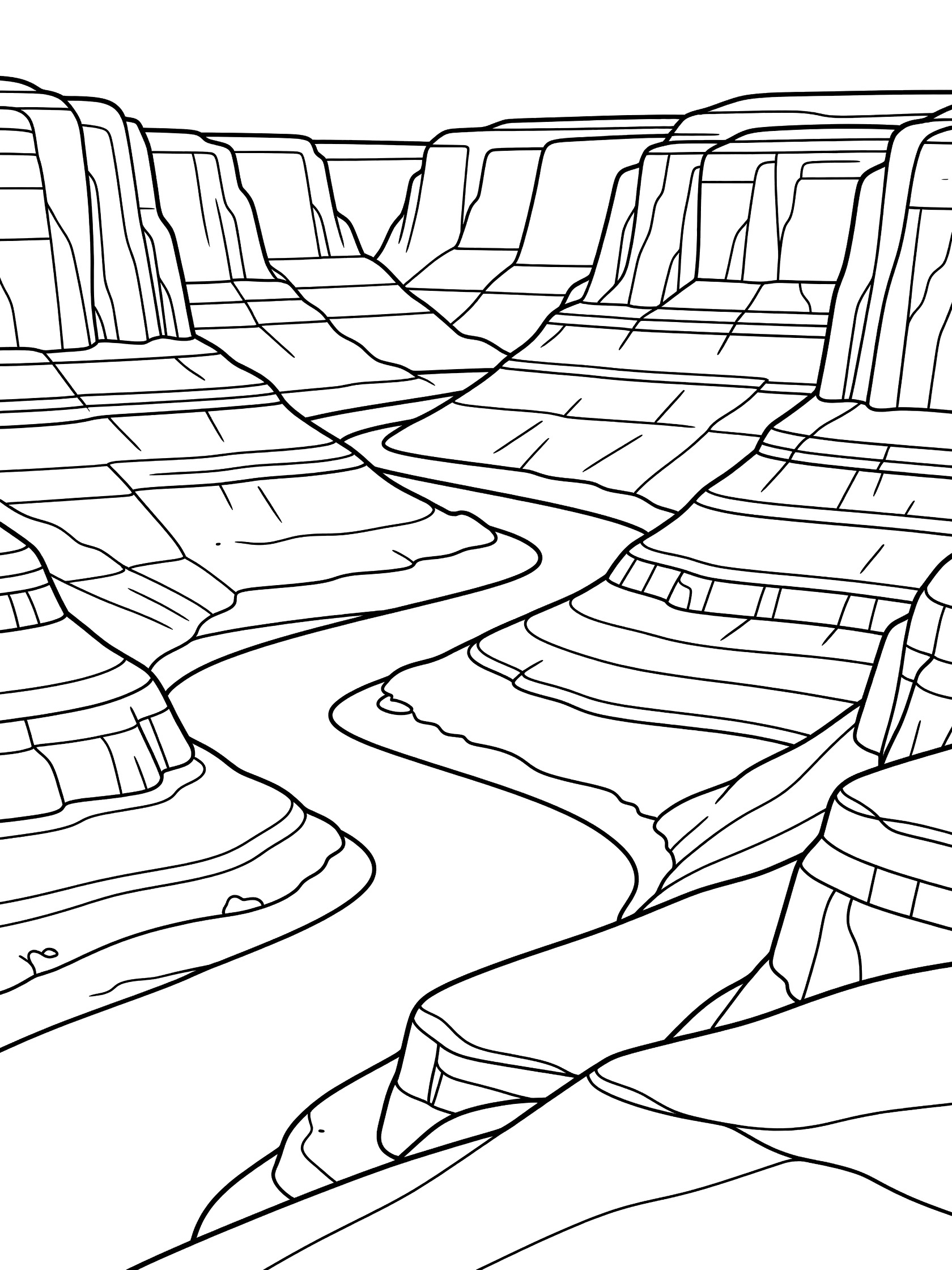 Black and white line art coloring page showing a wide view of layered red rock canyon cliffs rising high with a curving river running through the bottom. Glen Canyon themed black and white printable line art