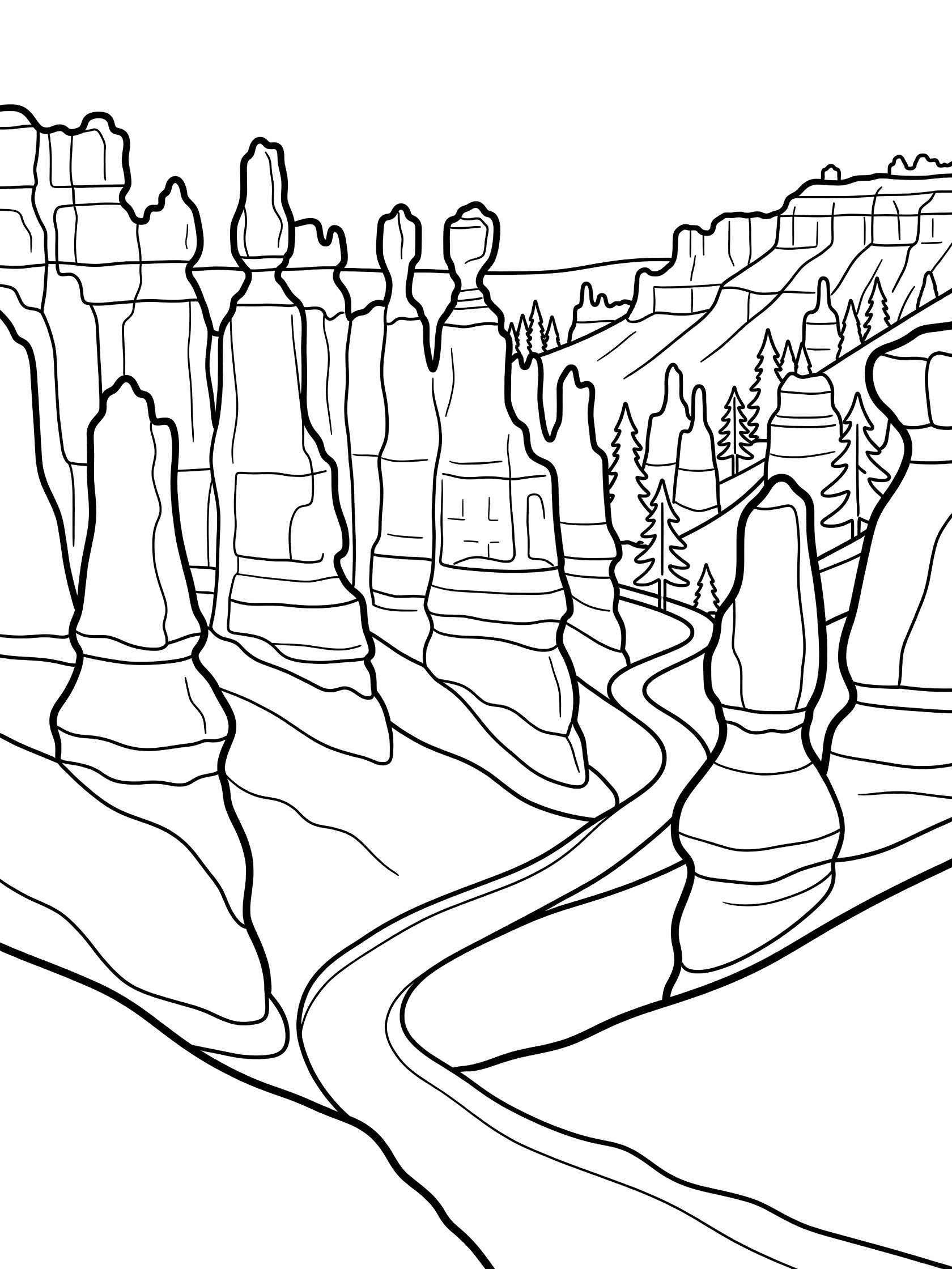 Black and white coloring page of tall hoodoo rock formations in a canyon with pine trees and a winding dirt path at the base. Bryce Canyon themed black and white printable line art
