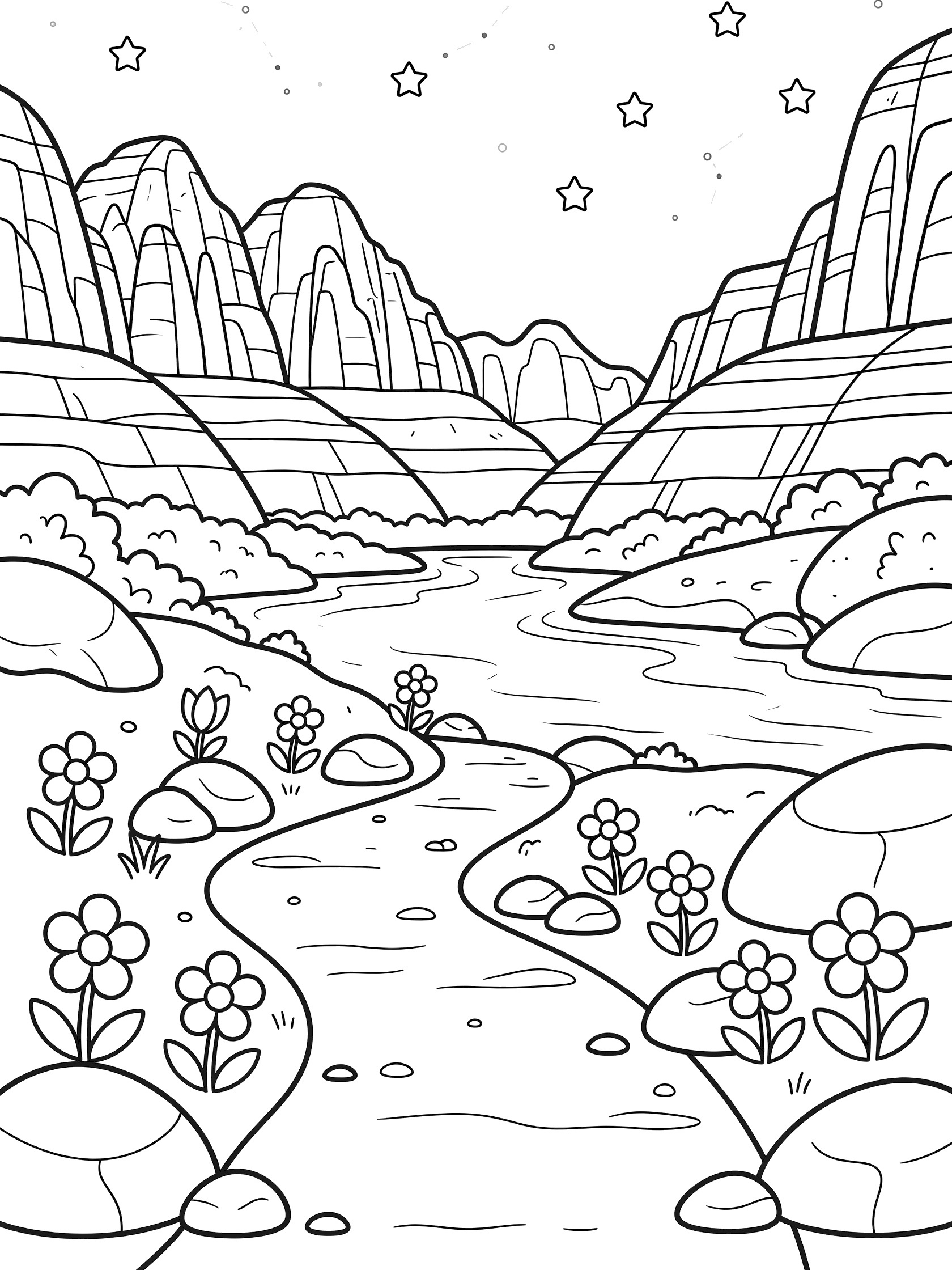 Black and white line art coloring page of a canyon with steep layered cliffs, calm winding river, scattered boulders and flowers, and starry night sky. Zion Canyon themed black and white printable line art