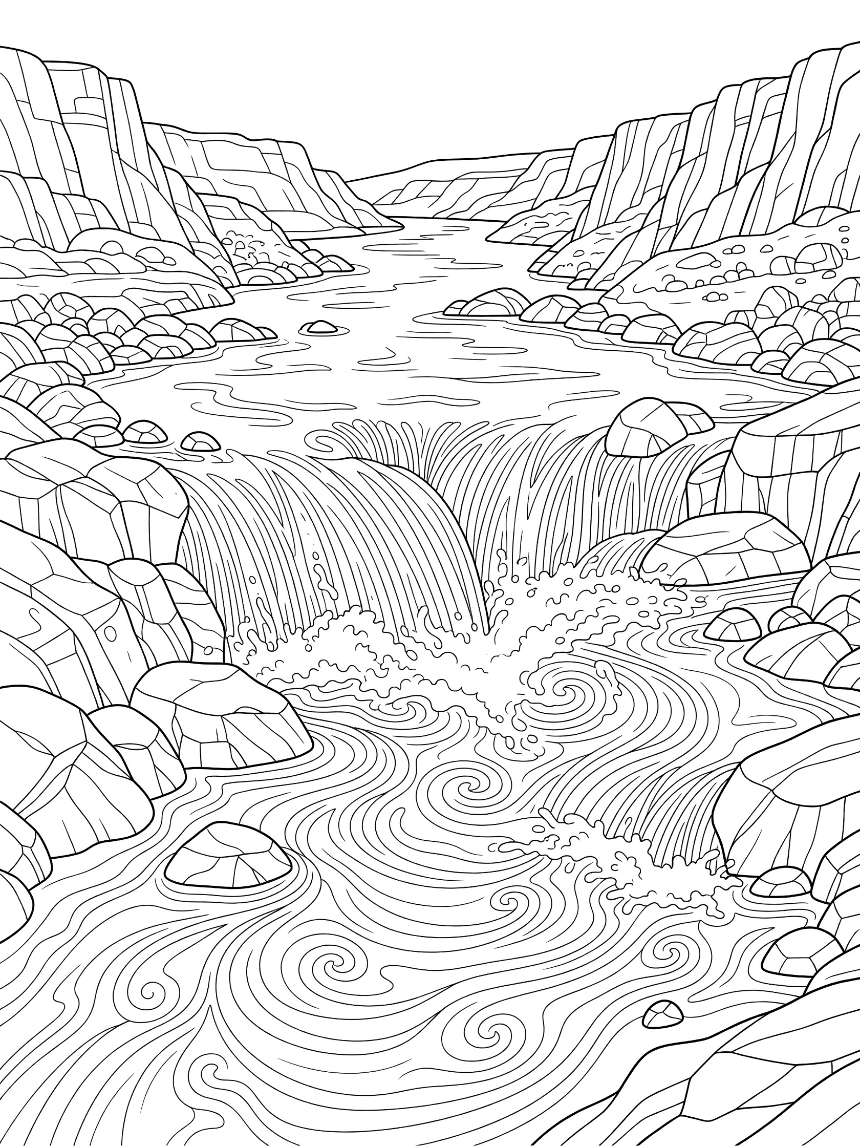Black and white line art coloring page showing a river rushing through a rocky canyon with a waterfall, boulders, swirling waves, and steep banks. The Nile River themed black and white printable line art