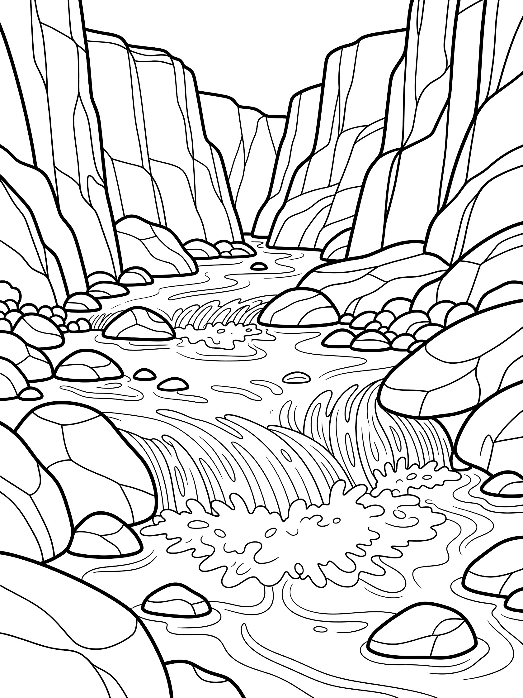 Black and white coloring page of a river flowing through a deep canyon with foamy rapids, large boulders in the water and on shores, and steep rock walls on both sides. Hells Canyon themed black and white printable line art