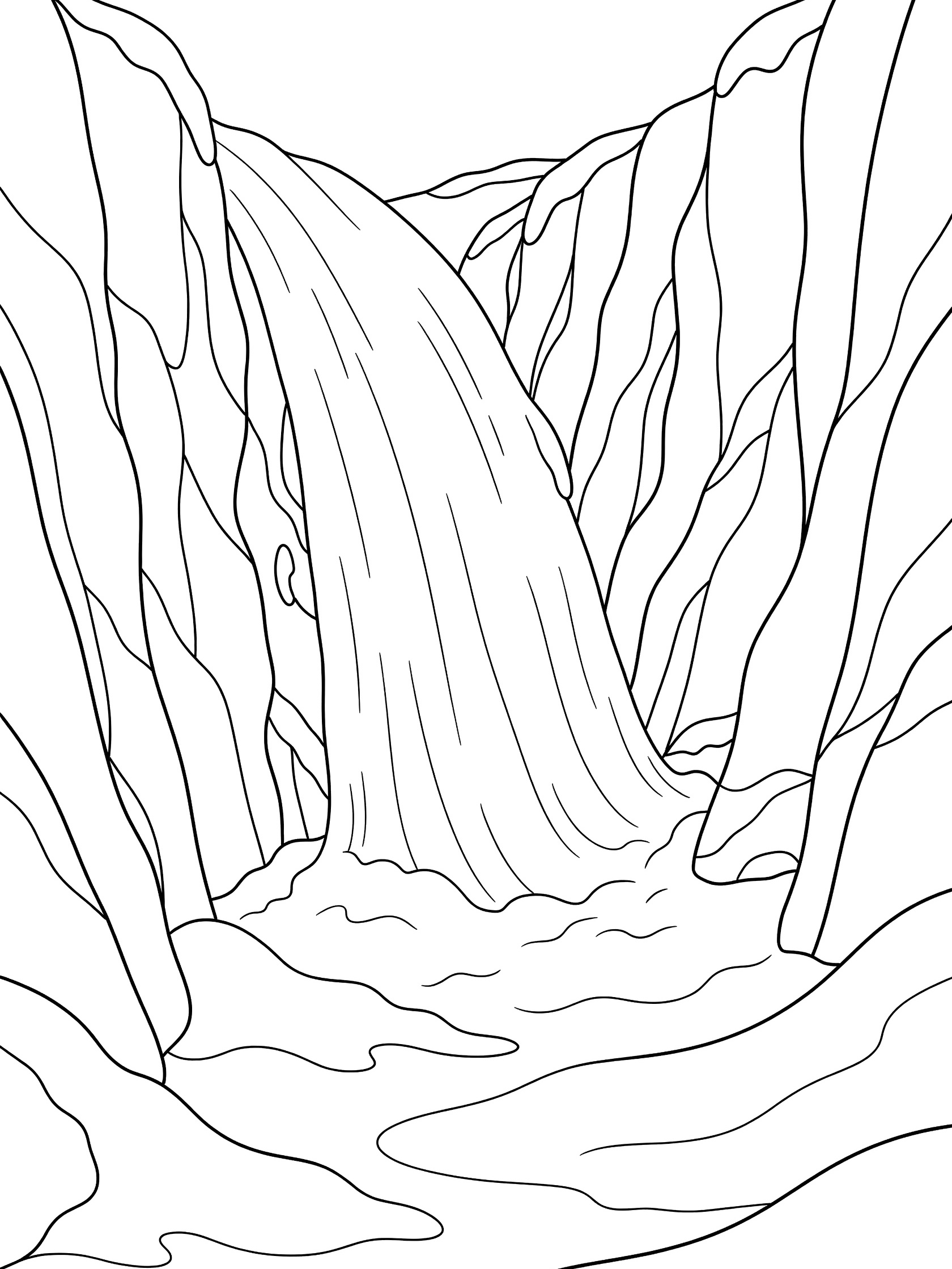 Black and white line drawing of a waterfall pouring down a narrow canyon with tall rock walls and wavy water at the bottom. Avalanche themed black and white printable line art