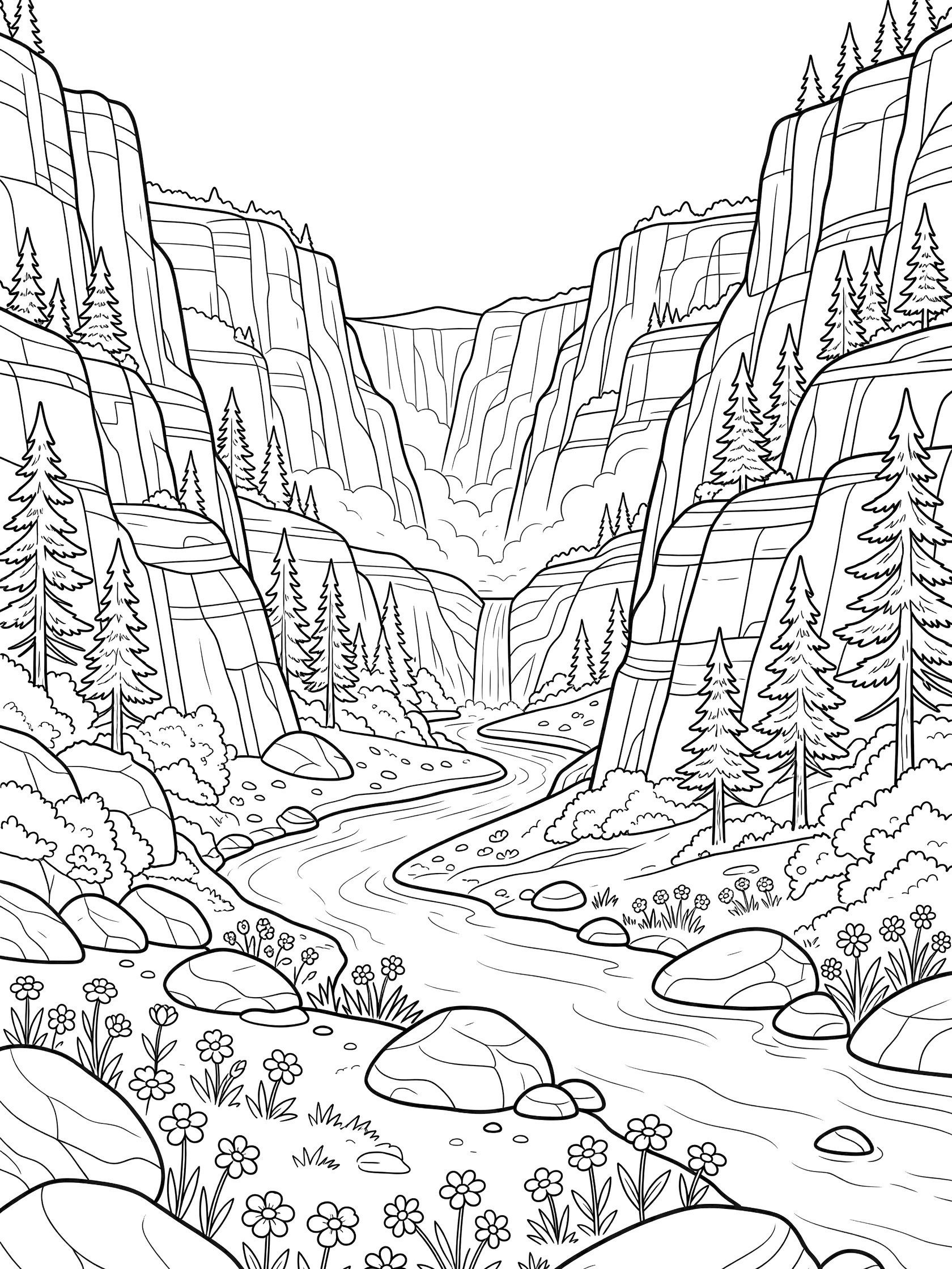 Black and white line art coloring page showing a panoramic view of a steep canyon with layered rock walls, a curving river in the valley, pine trees on the cliffs, rocks, bushes, and small flowers along the riverbank. Kings Canyon themed black and white printable line art