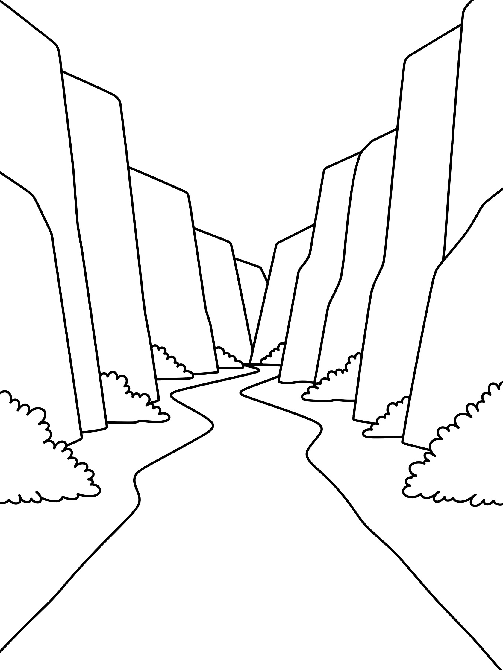 Black and white line art of a wide canyon with straight tall cliffs, a straight river running through the middle, and small bushes on the edges. Colca Canyon themed black and white printable line art