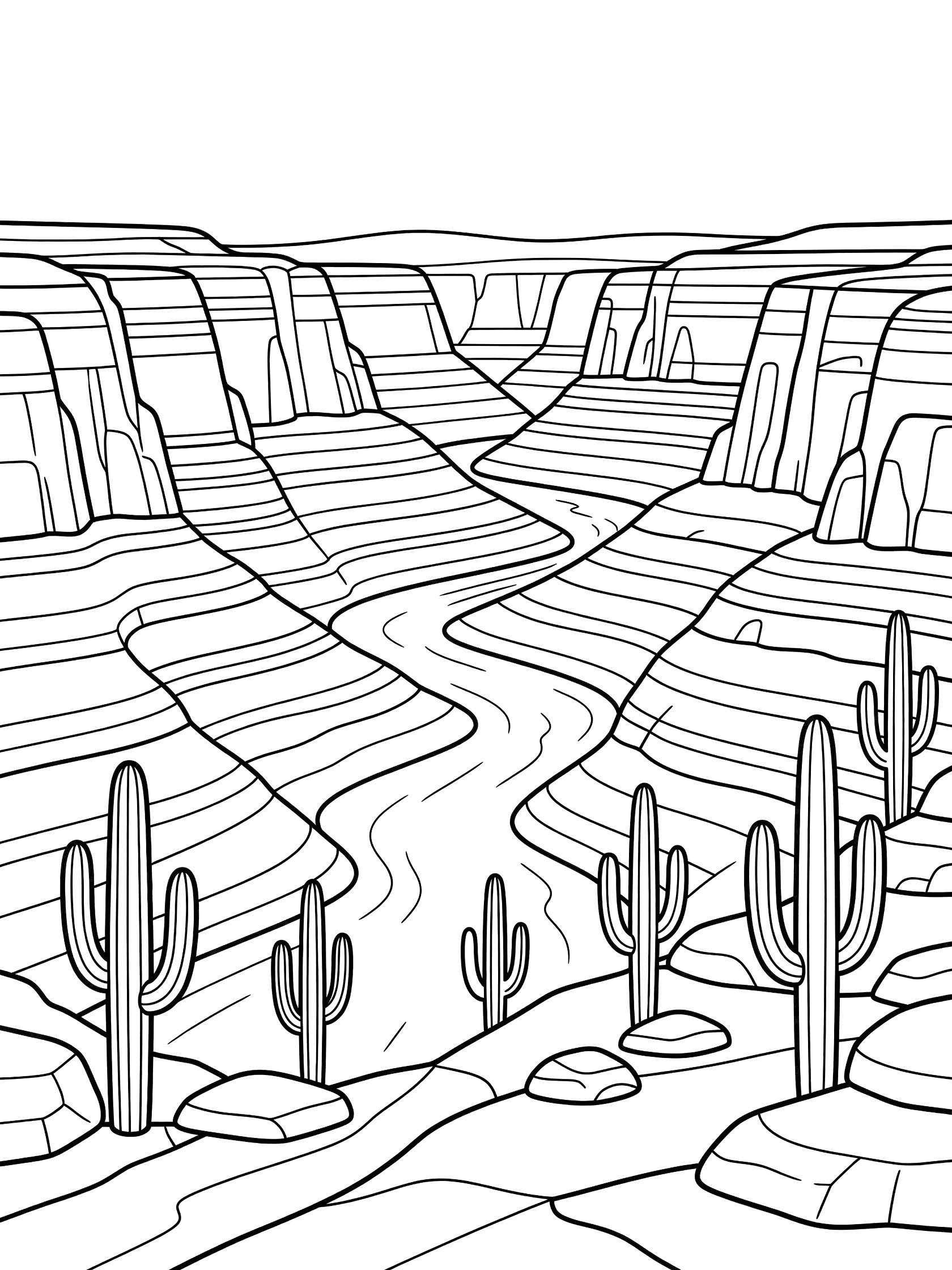 Black and white line art coloring page showing a wide canyon view with steep layered rock walls, winding river in the middle, tall cacti along the edge, and small rocks on white background. Marble Canyon themed black and white printable line art