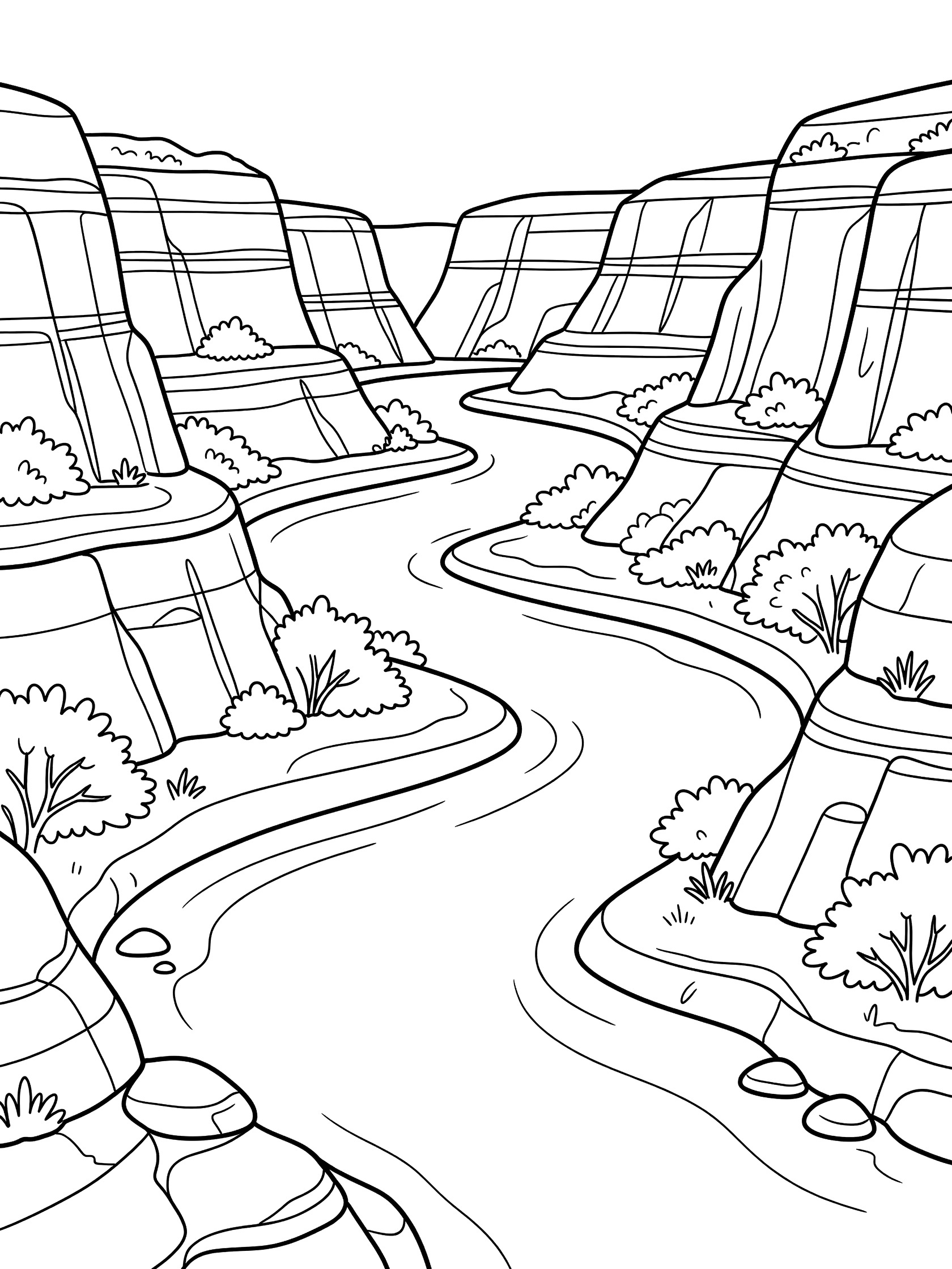 Black and white coloring page showing a winding river flowing through tall layered canyon walls with scrubby bushes. Rio Grande themed black and white printable line art