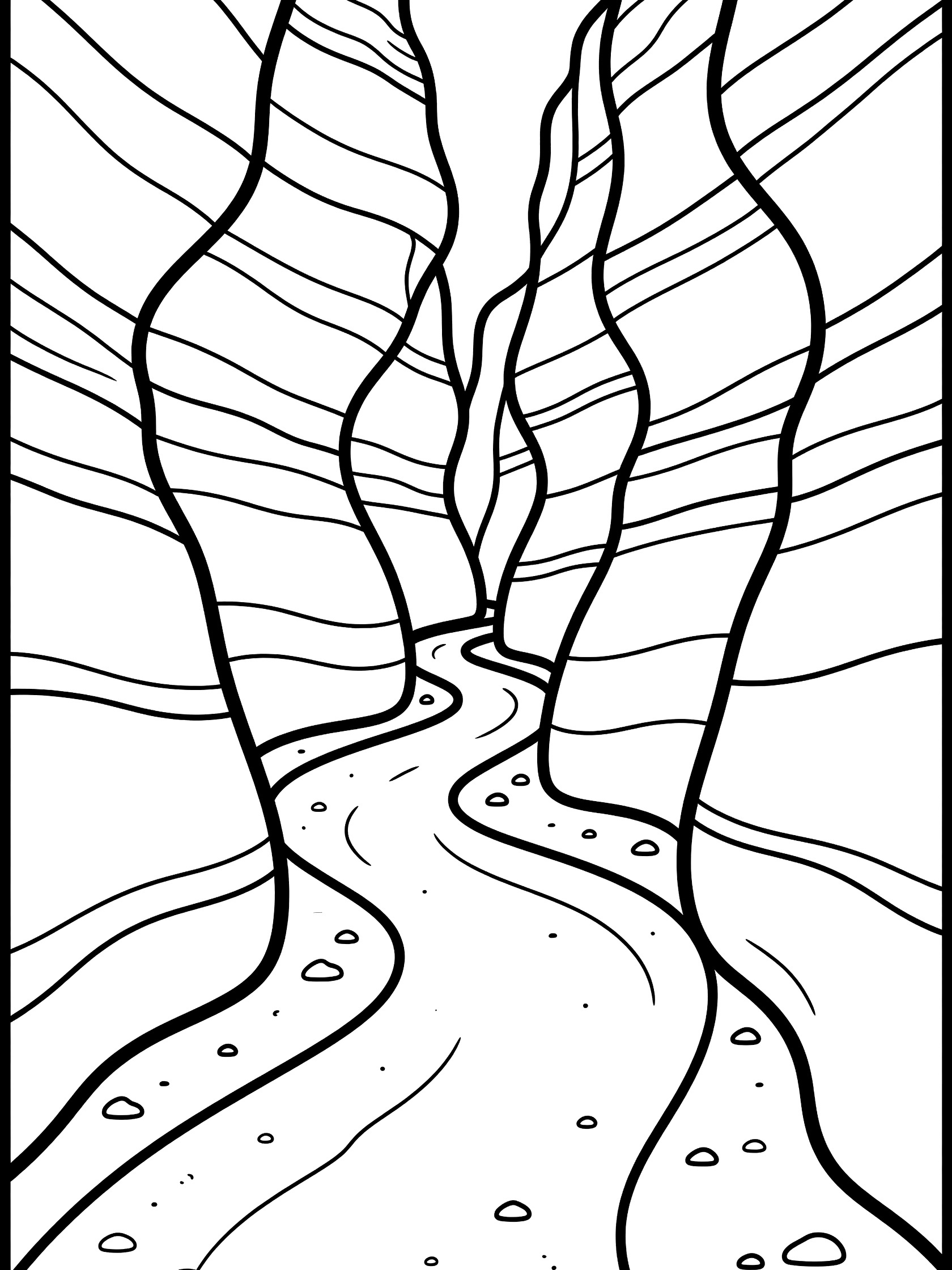 Black and white coloring page showing a winding river path through tall smooth wavy canyon walls with scattered pebbles on the ground. Antelope Canyon themed black and white printable line art