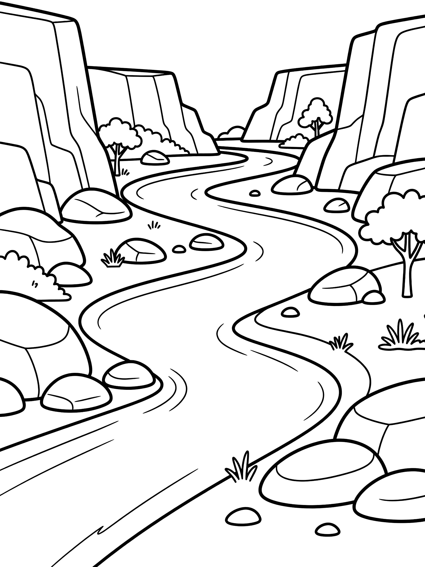 Black and white line drawing of a canyon landscape with a curving river, steep cliffs on both sides, smooth boulders, small trees, and grass along the riverbanks. Kings Canyon themed black and white printable line art