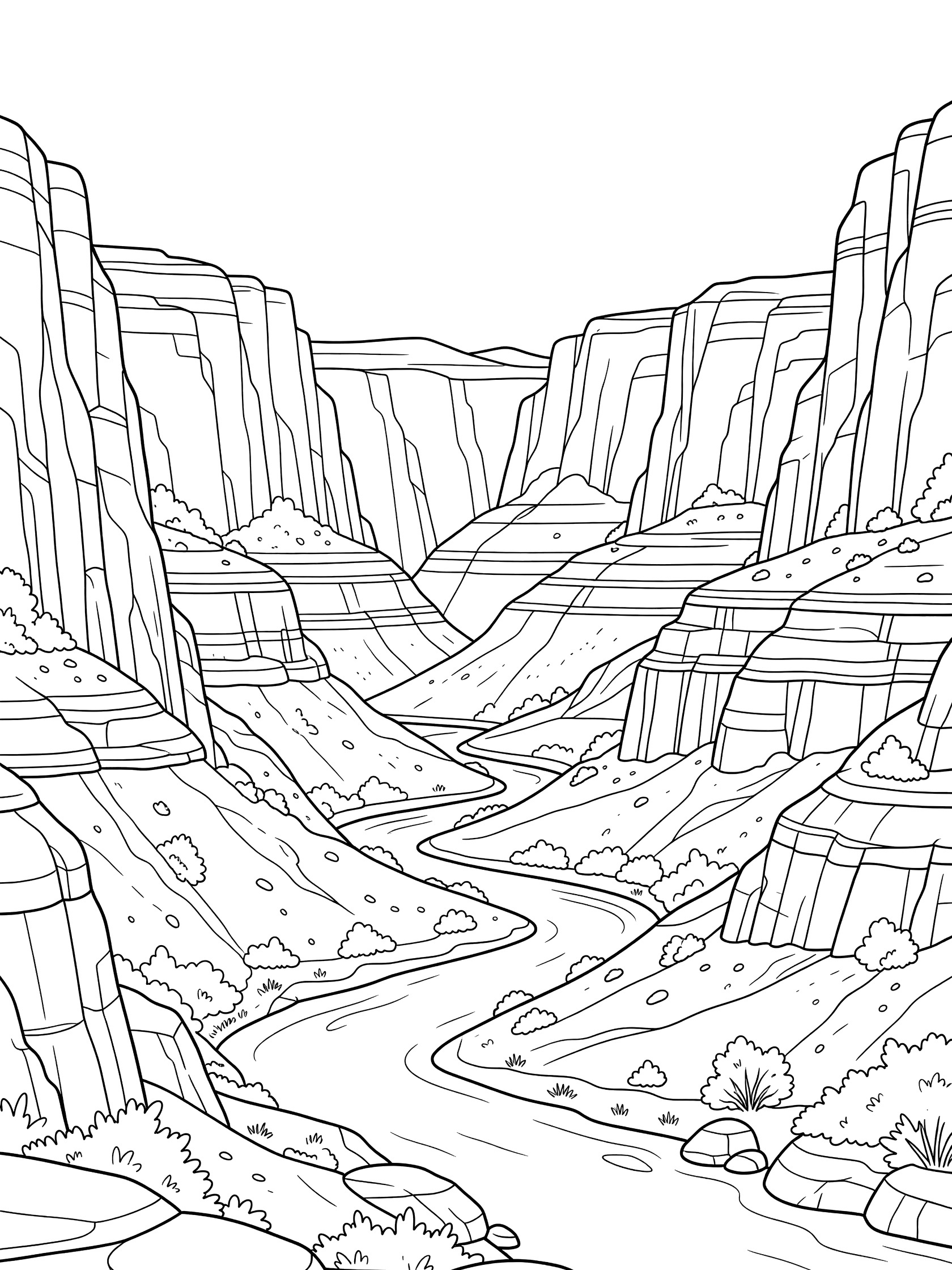 Black and white coloring page of a panoramic canyon with high steep cliffs, layered rock formations, a winding river in the valley, and sparse bushes along the edges. Black Canyon themed black and white printable line art