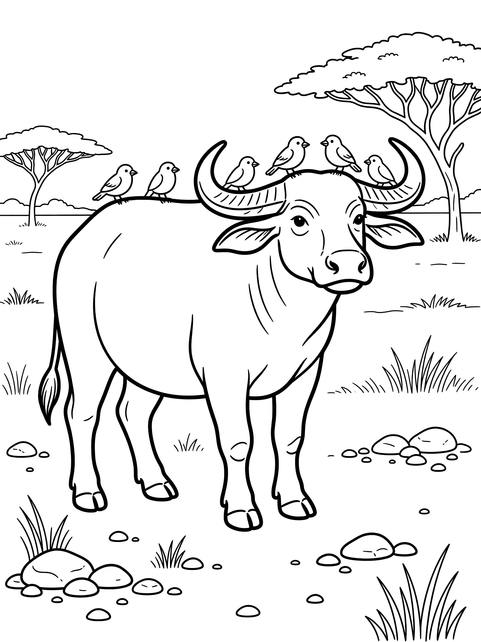 Black and white line art coloring page showing a large cape buffalo standing in savanna grass with small birds perched on its head and back, acacia trees in background, rocks and grass details. Water Buffalo themed black and white printable line art
