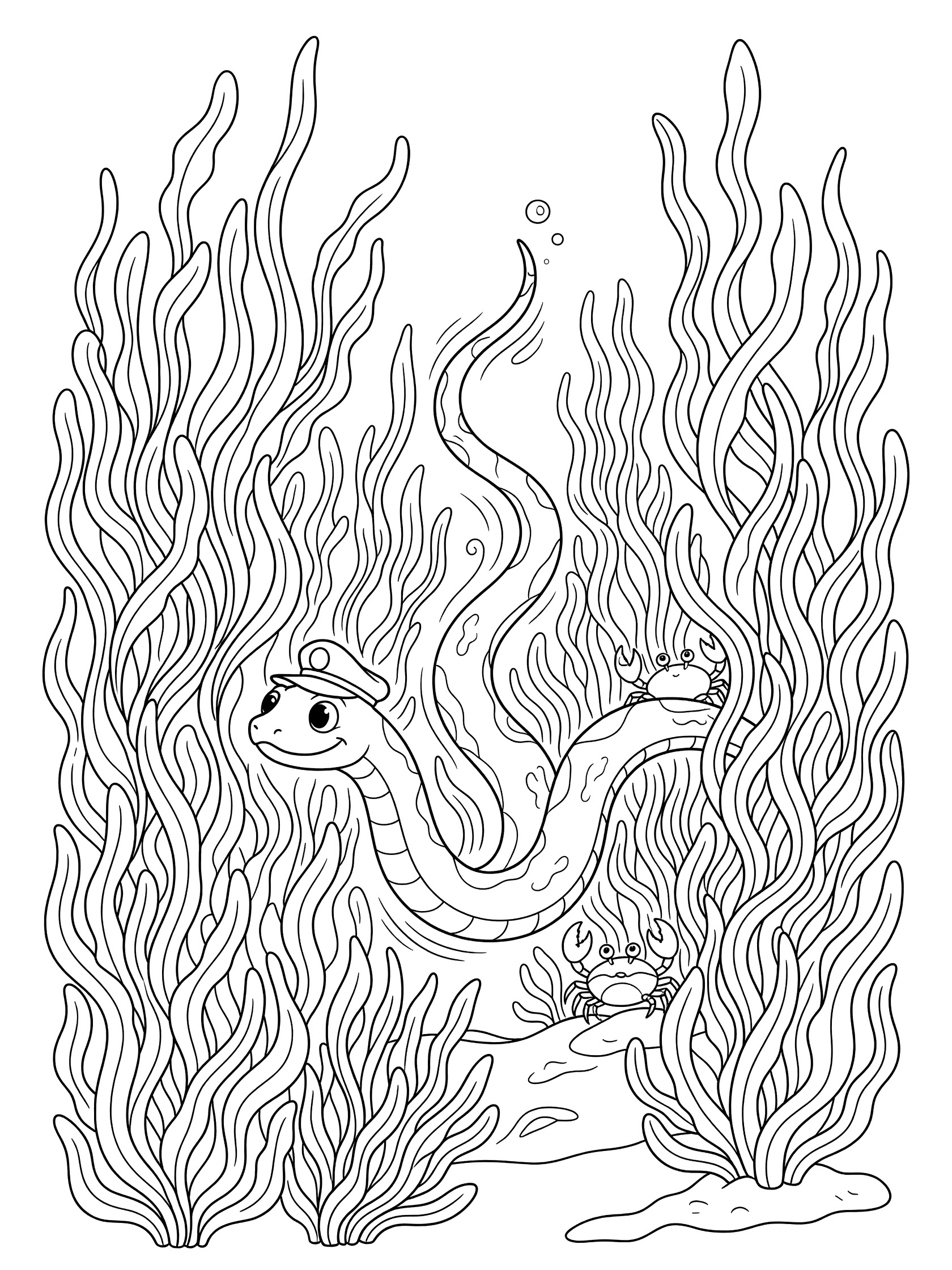 Black and white line art coloring page showing a friendly sea snake wearing a captain's hat swimming among swaying seaweed stalks with two small crabs hiding in the fronds and bubbles floating nearby.