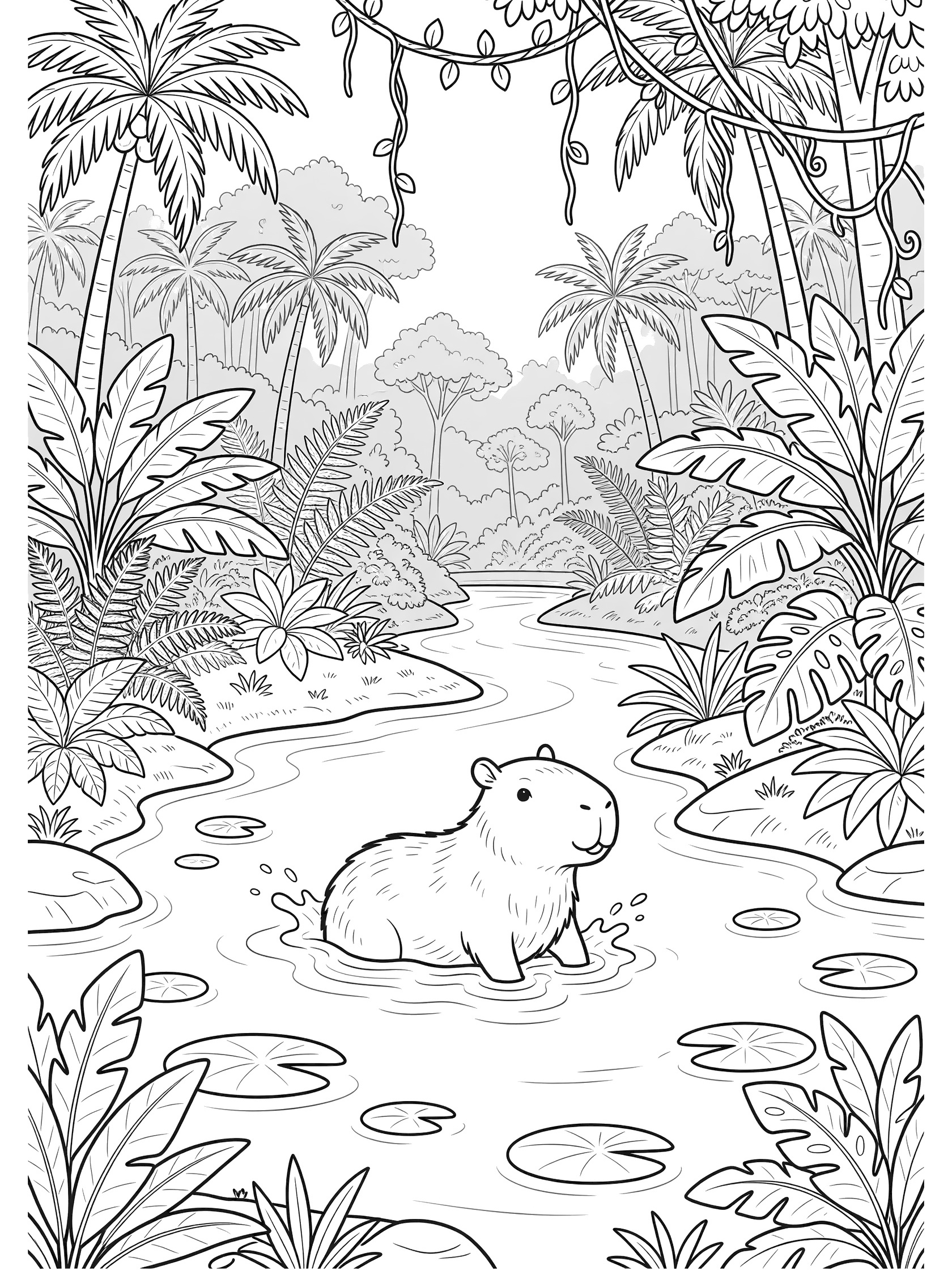 Printable coloring page showing a capybara in a jungle river surrounded by palm trees, vines, ferns, and lily pads. South America Jungle themed black and white printable line art