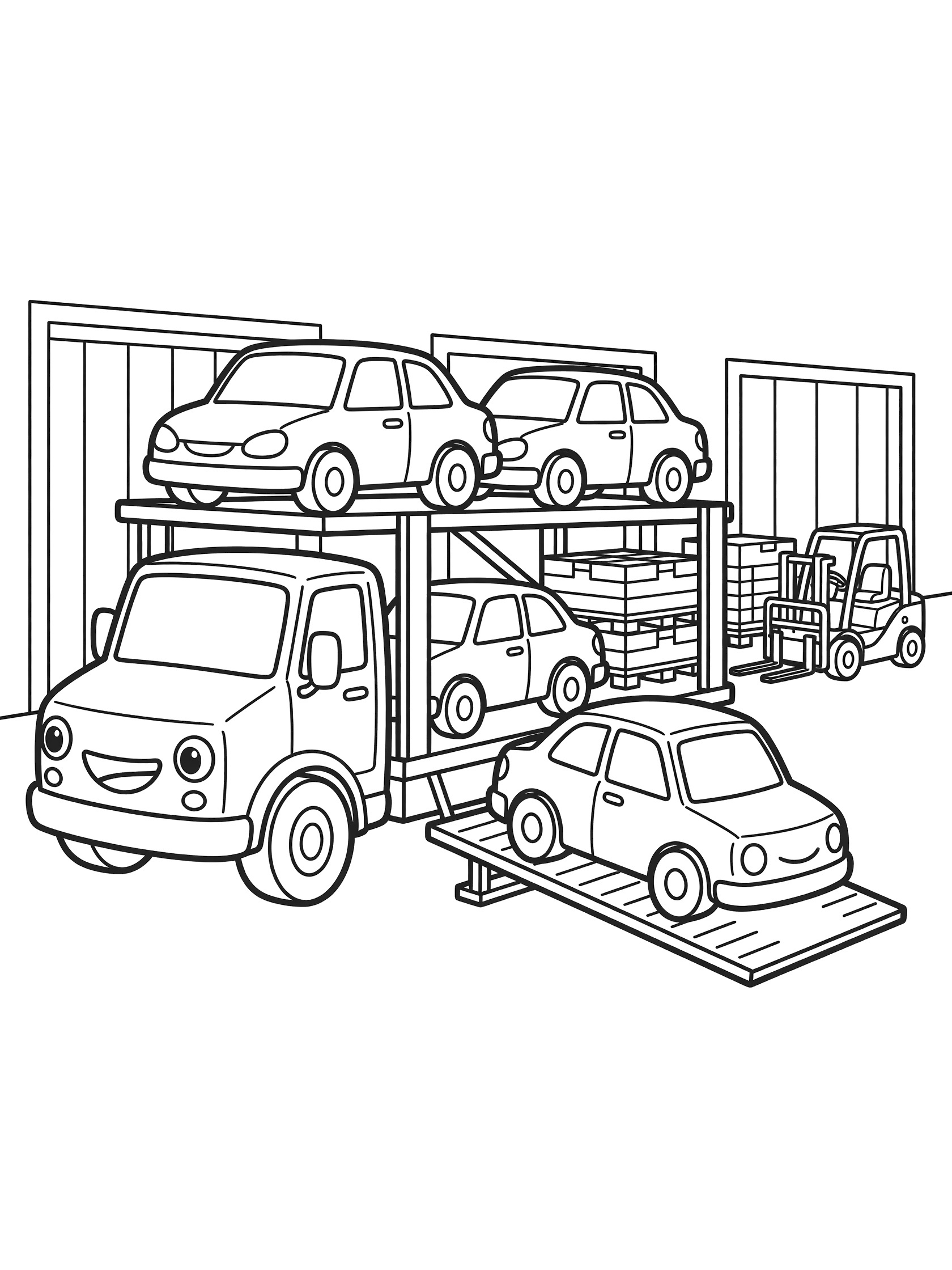 Cute cartoon car hauler truck backed to loading dock with ramps down and small car driving up to load, stacked cars on multi-level trailer, forklift and pallets nearby.