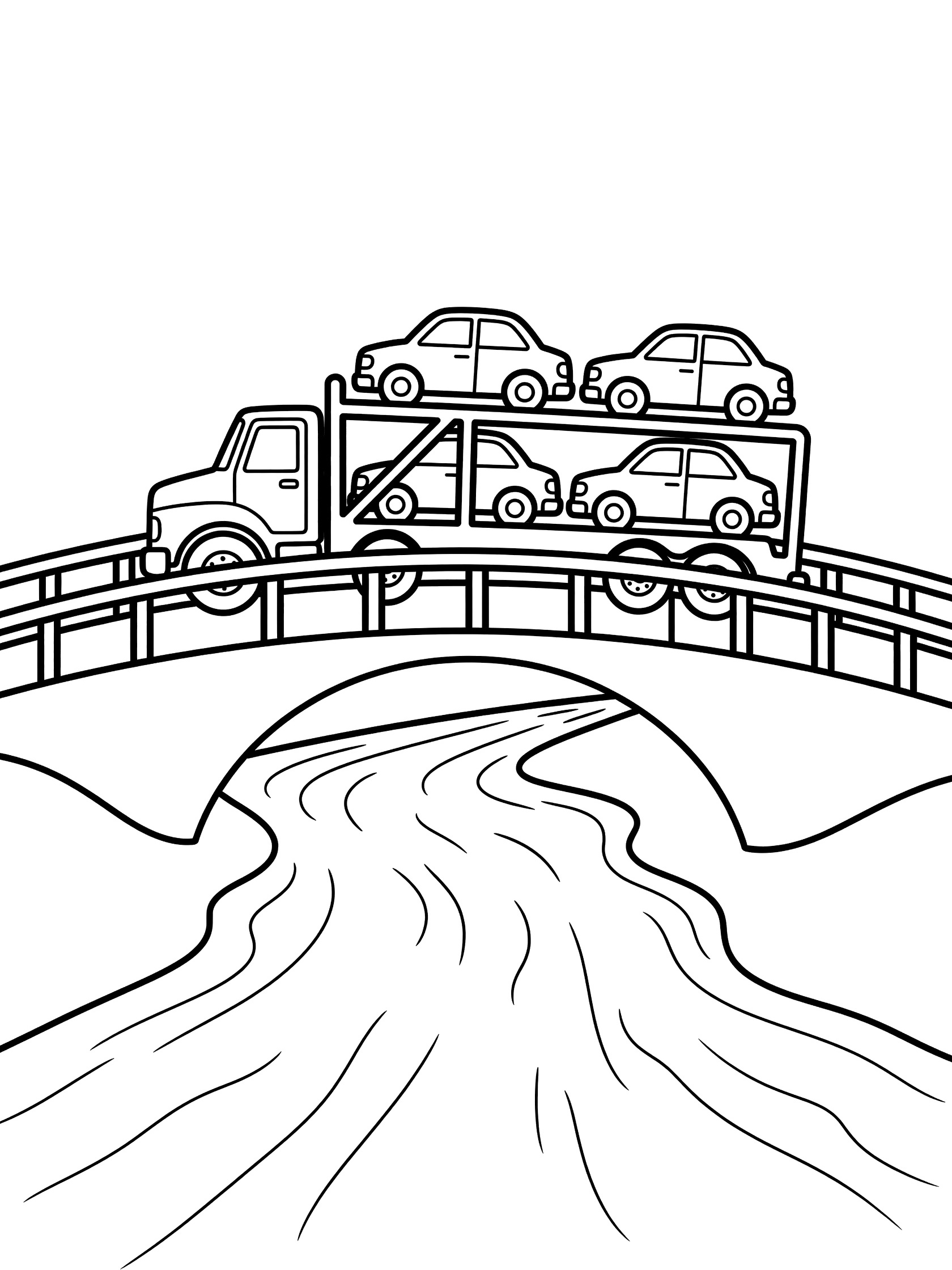 Line art coloring page showing a car hauler truck loaded with cars crossing an arched bridge over wavy river water