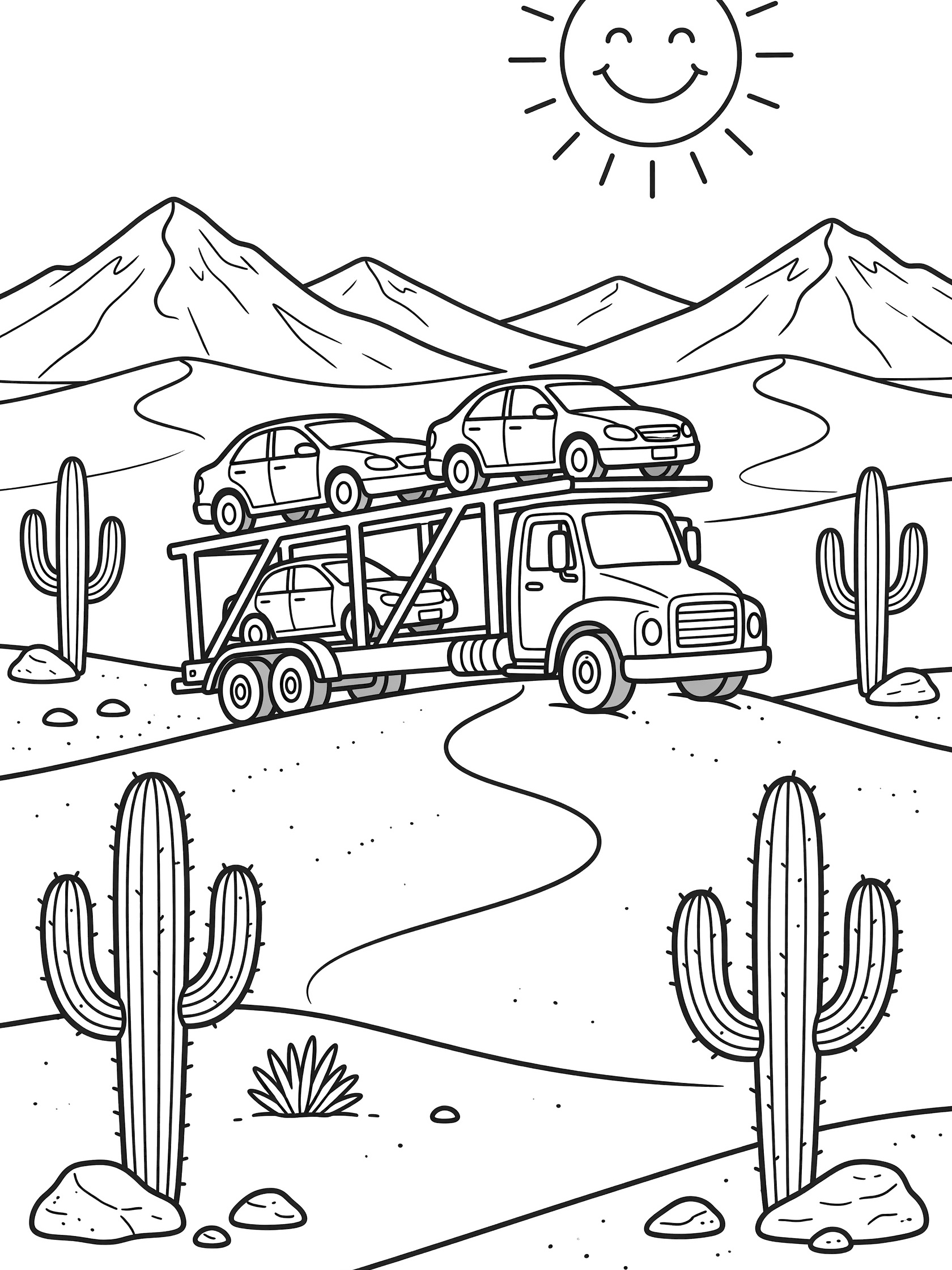 Line art coloring page showing a car hauler truck with two cars on its flatbed trailer driving over golden sand dunes in a desert with saguaro cacti, rocks, distant mountains, and a smiling sun.