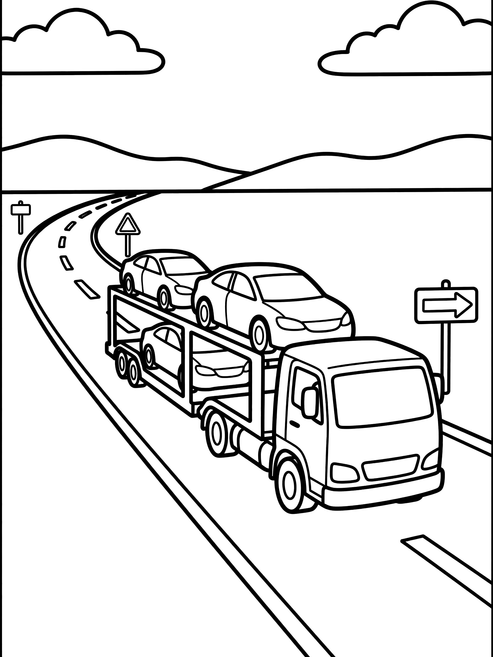 Black and white line art of a semi-truck car hauler trailer loaded with four cars driving on a winding highway through hills under clouds with road signs