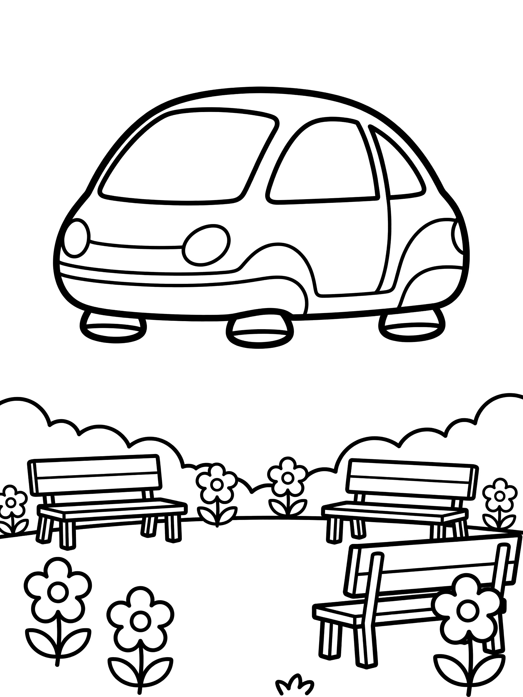 Black and white line art coloring page showing a rounded car floating above a park scene with benches and flowers. Concept Cars themed black and white printable line art