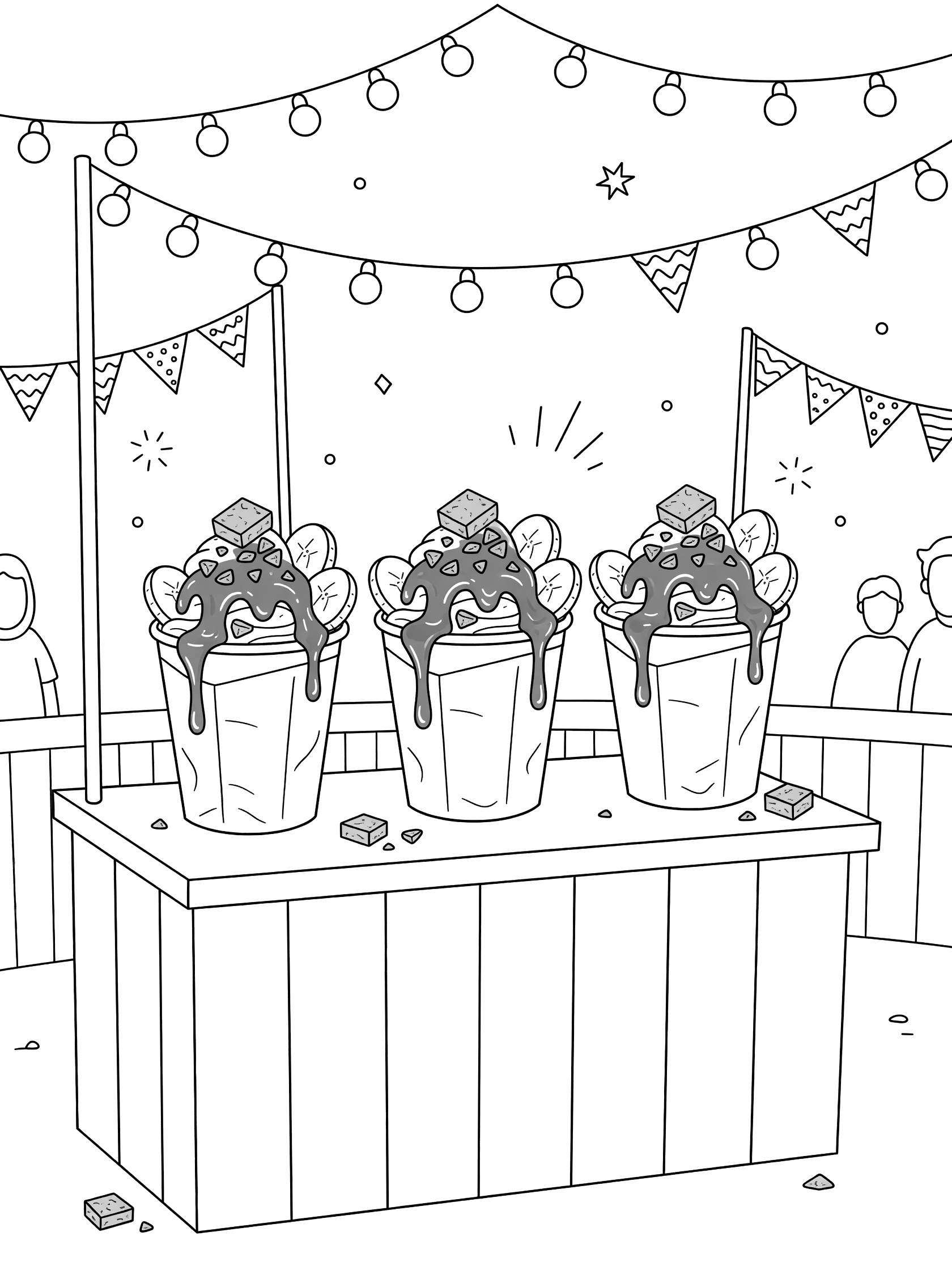 Black and white line art of caramel crunch sundaes in paper cups on a festival stand with string lights, bunting flags, and happy crowd.