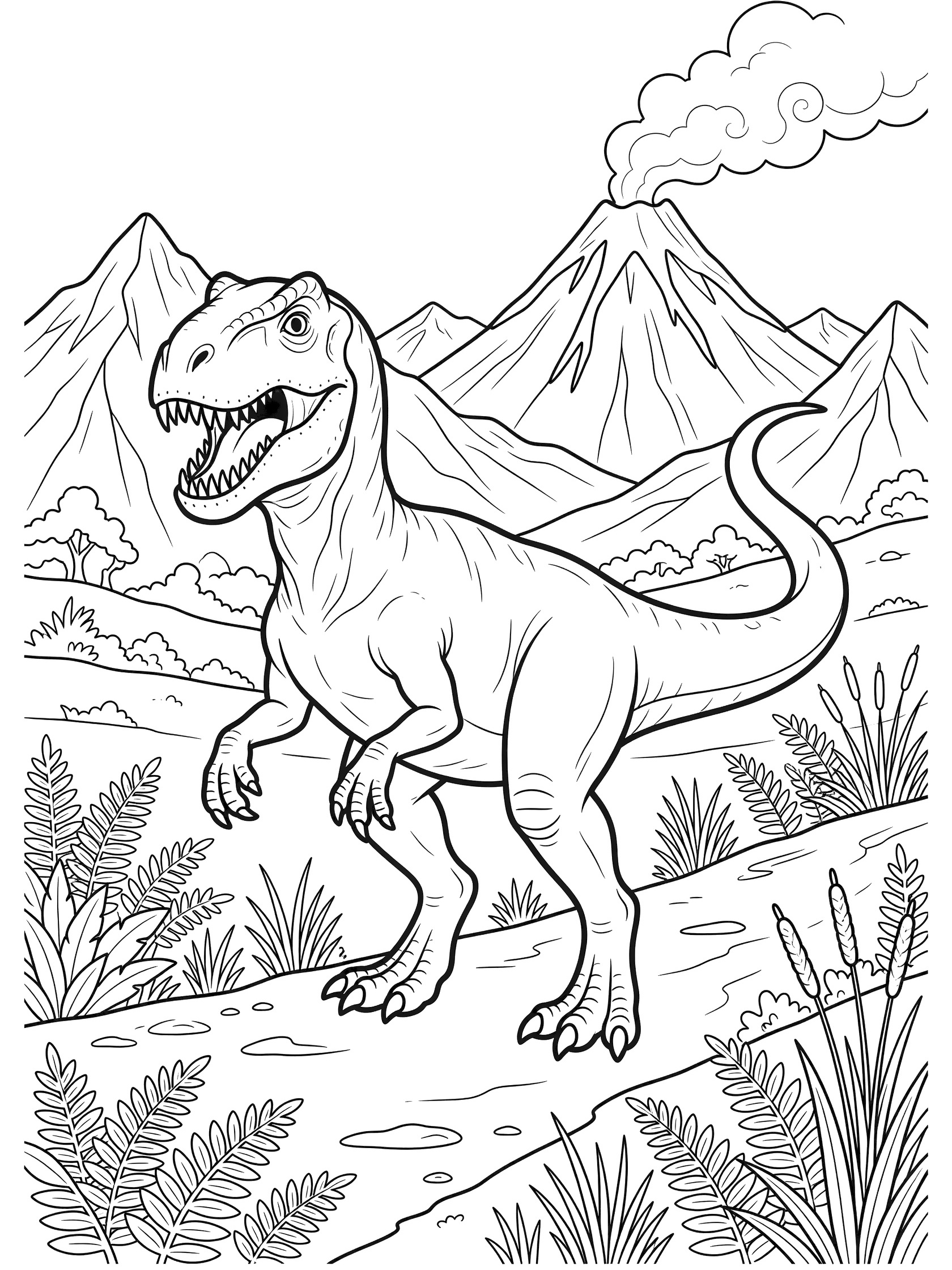 Line art coloring page showing a Carcharodontosaurus dinosaur striding forward with sharp teeth, long tail, surrounded by prehistoric plants, jagged mountains, and a steaming volcano.