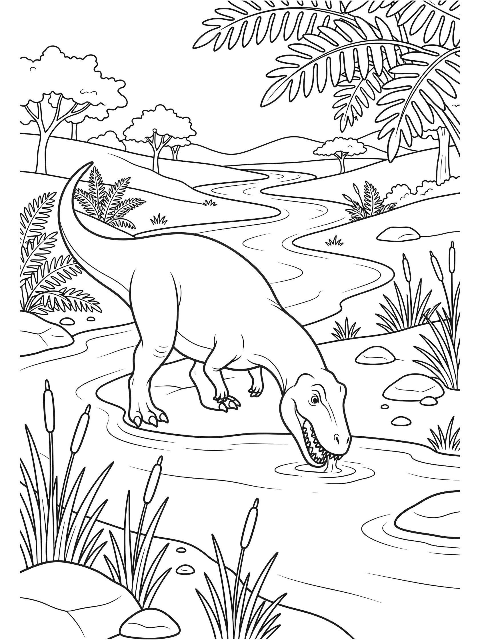 Black and white coloring page of Carcharodontosaurus dinosaur drinking water by a river in a prehistoric landscape with reeds, rocks, ferns, trees, and hills.