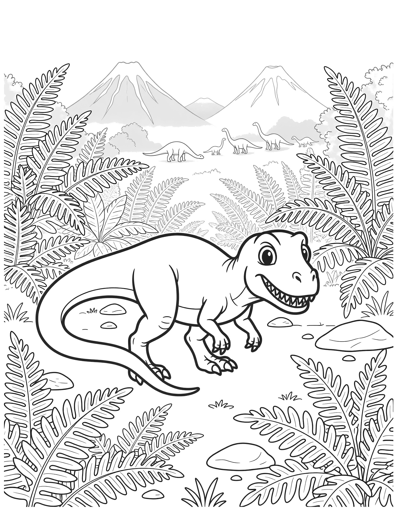 Black and white coloring page of a cute Carcharodontosaurus dinosaur stalking low through lush ferns, with a wavy tail, grinning teeth, foreground rocks and ferns, misty volcanoes, and small long-necked dinosaurs in the background.
