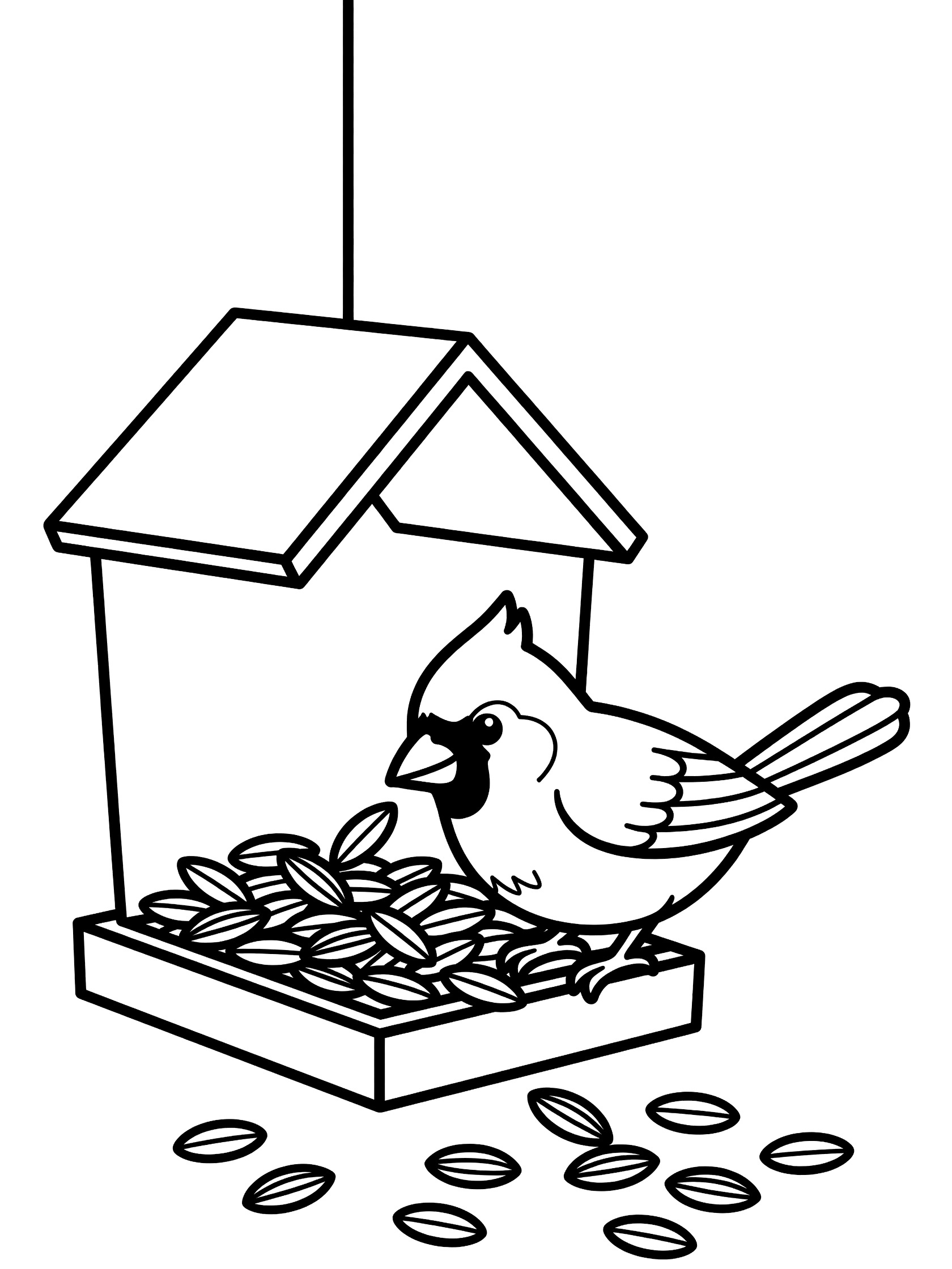 Black and white coloring page showing a cardinal bird eating seeds from a hanging house-shaped bird feeder with scattered seeds below.