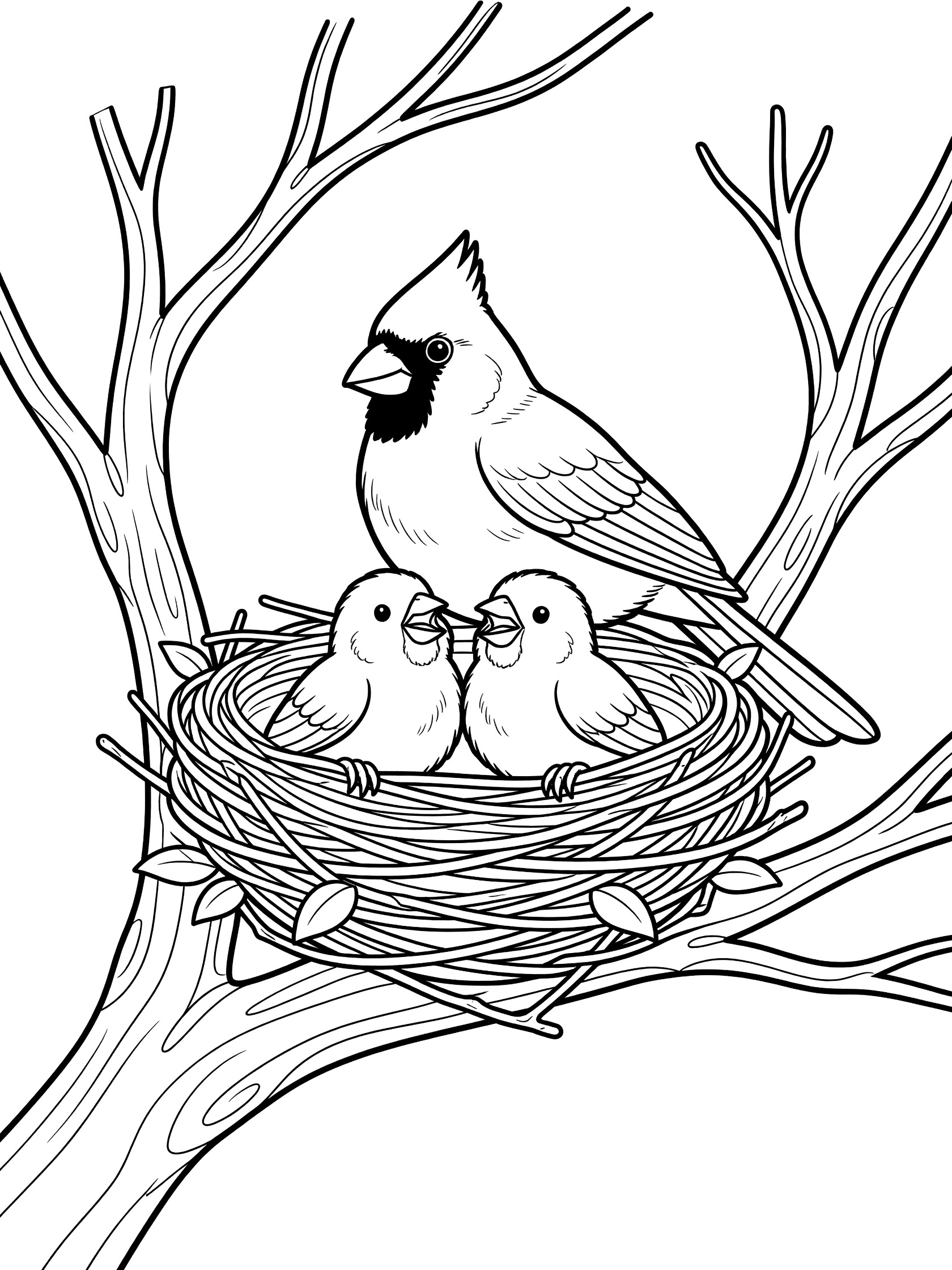 Black and white line art of a mother cardinal bird sitting in a twig nest with two fluffy baby cardinals peeking out, surrounded by tree branches and leaves.