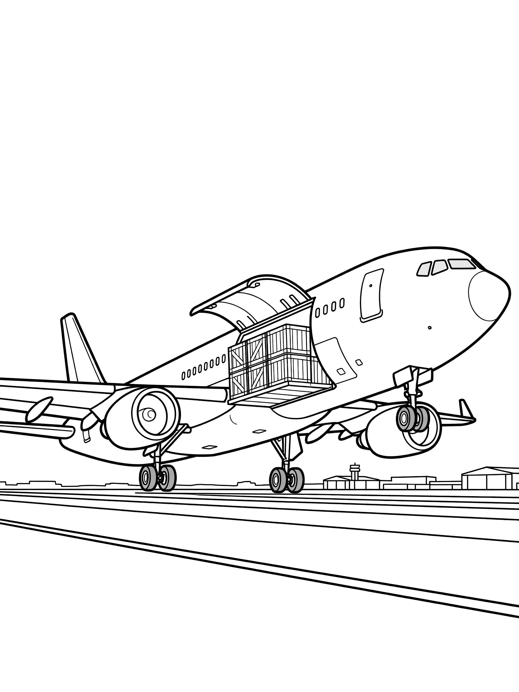 Black and white line art coloring page showing a large cargo plane on runway with nose up for takeoff, open cargo door with stacked crates inside, landing gear down, and runway lines.