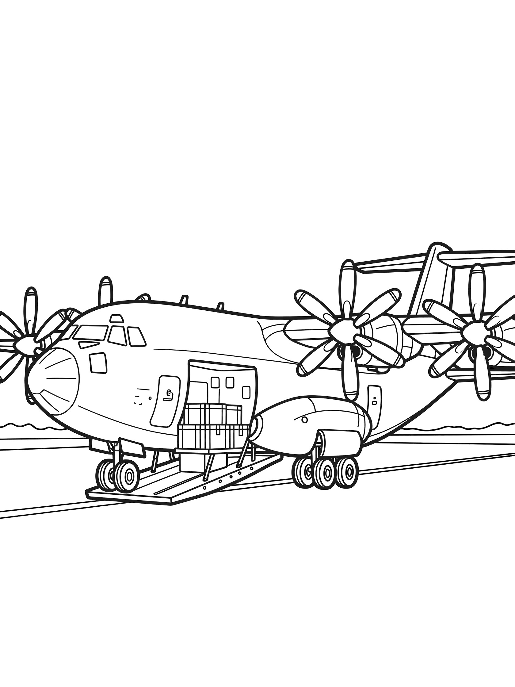 Black and white line art coloring page showing a large cargo airplane parked on runway with rear ramp down, wooden crates inside, and small loader truck with wheels connected by ramp. Transport Plane themed black and white printable line art