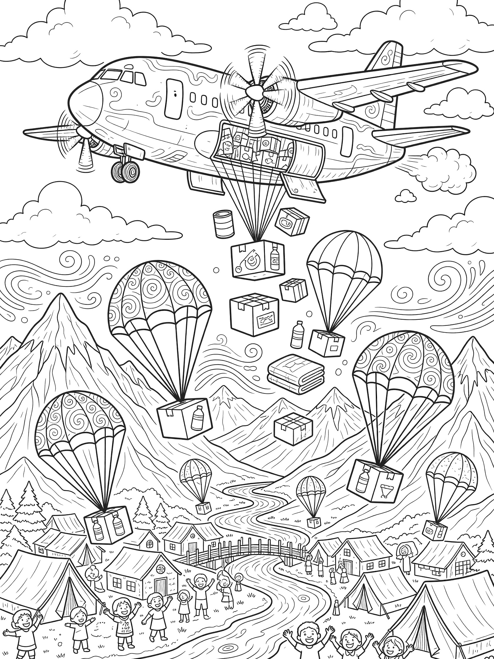 Detailed line art coloring page showing a cargo plane with open rear doors releasing packages on parachutes over a village with tents, river, bridge, mountains, and excited kids waving.