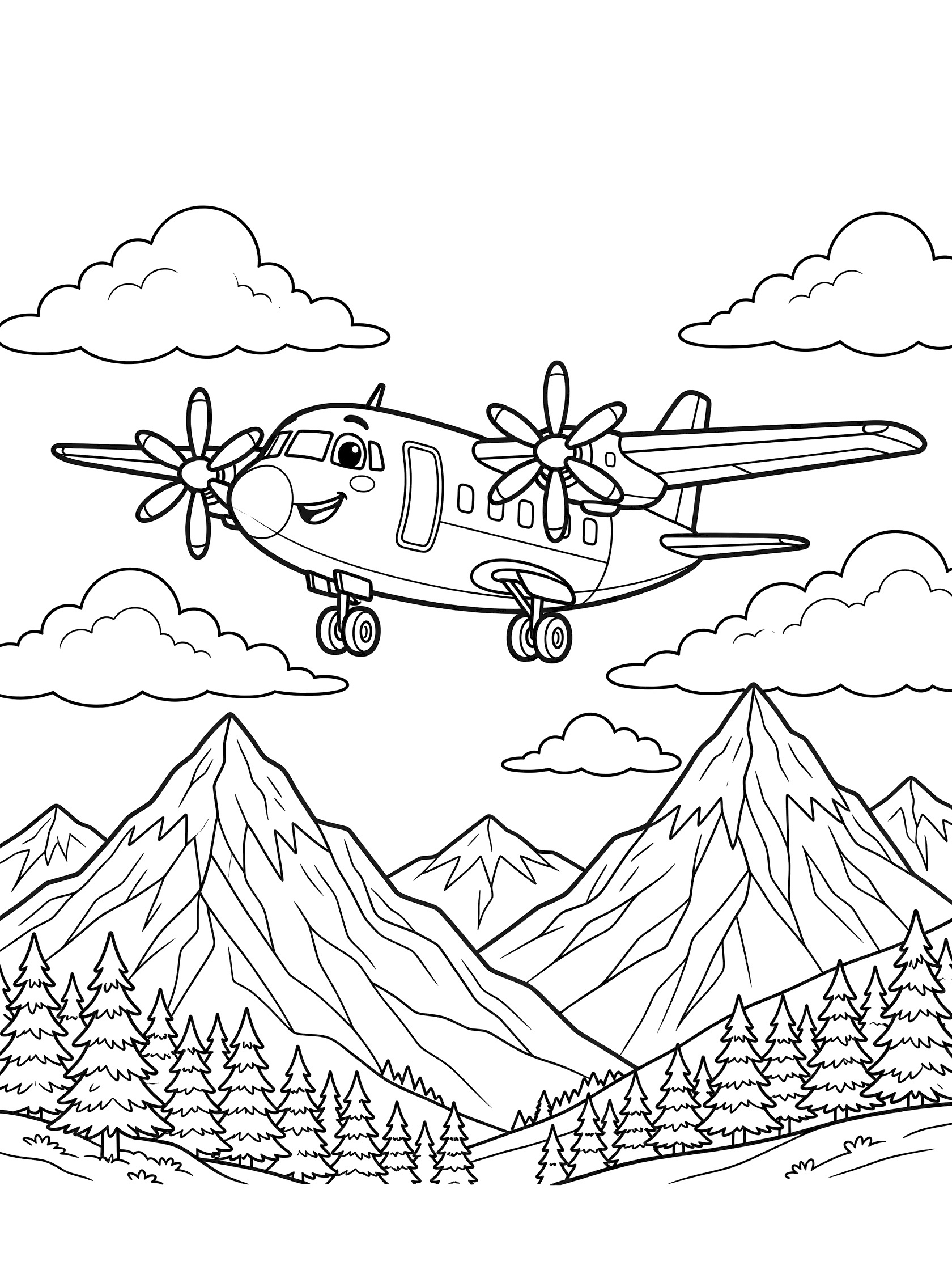 Black-and-white coloring page showing a cheerful cargo plane with big eyes and propellers flying over jagged snow-capped mountains and pine trees.