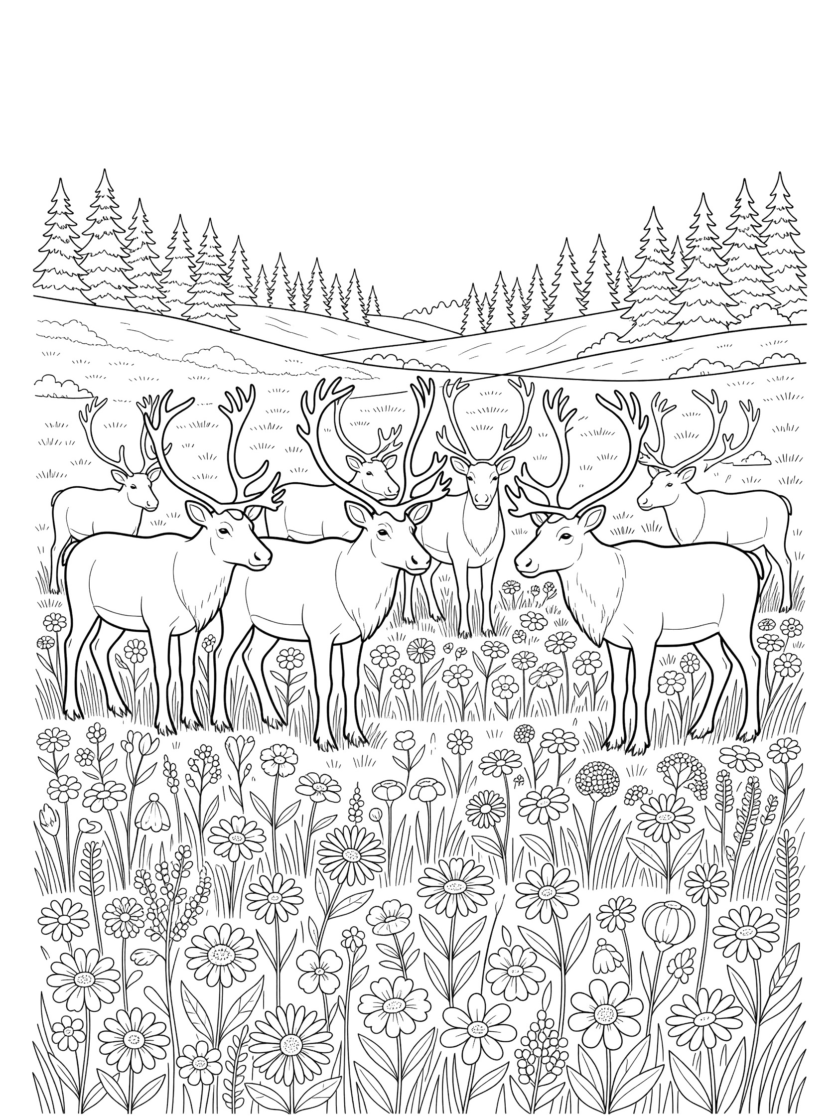 Black and white line art coloring page showing a small herd of caribou with detailed antlers in a meadow full of flowers, trees and hills in the background.